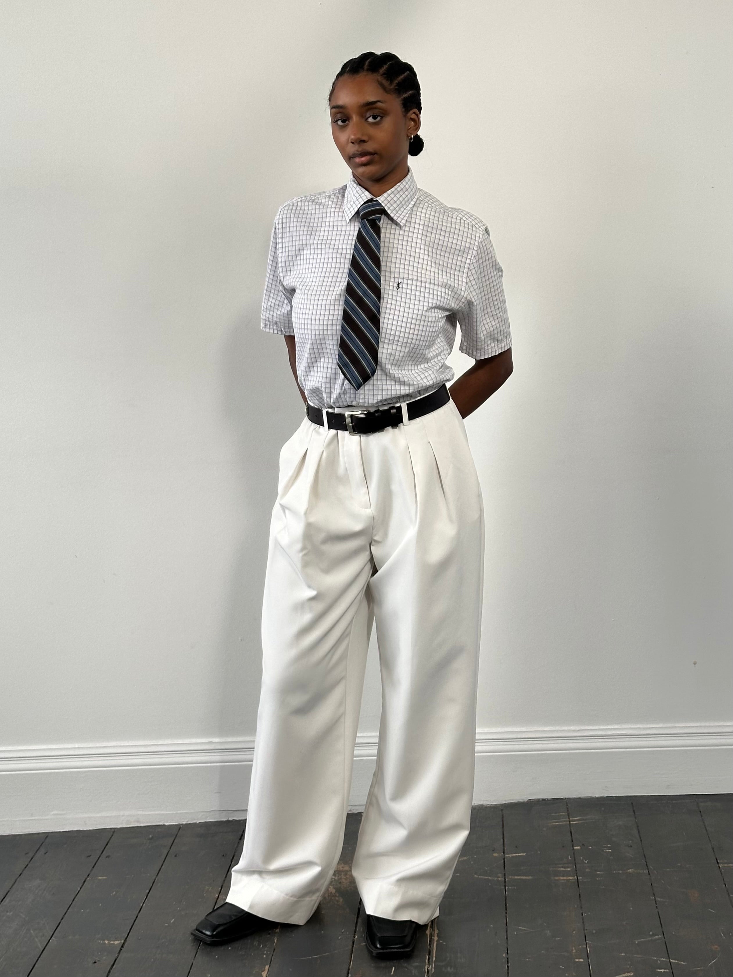 Yves Saint Laurent Pour Homme 1990s pure cotton check short sleeve shirt in size S, featuring a classic plaid pattern and button front
