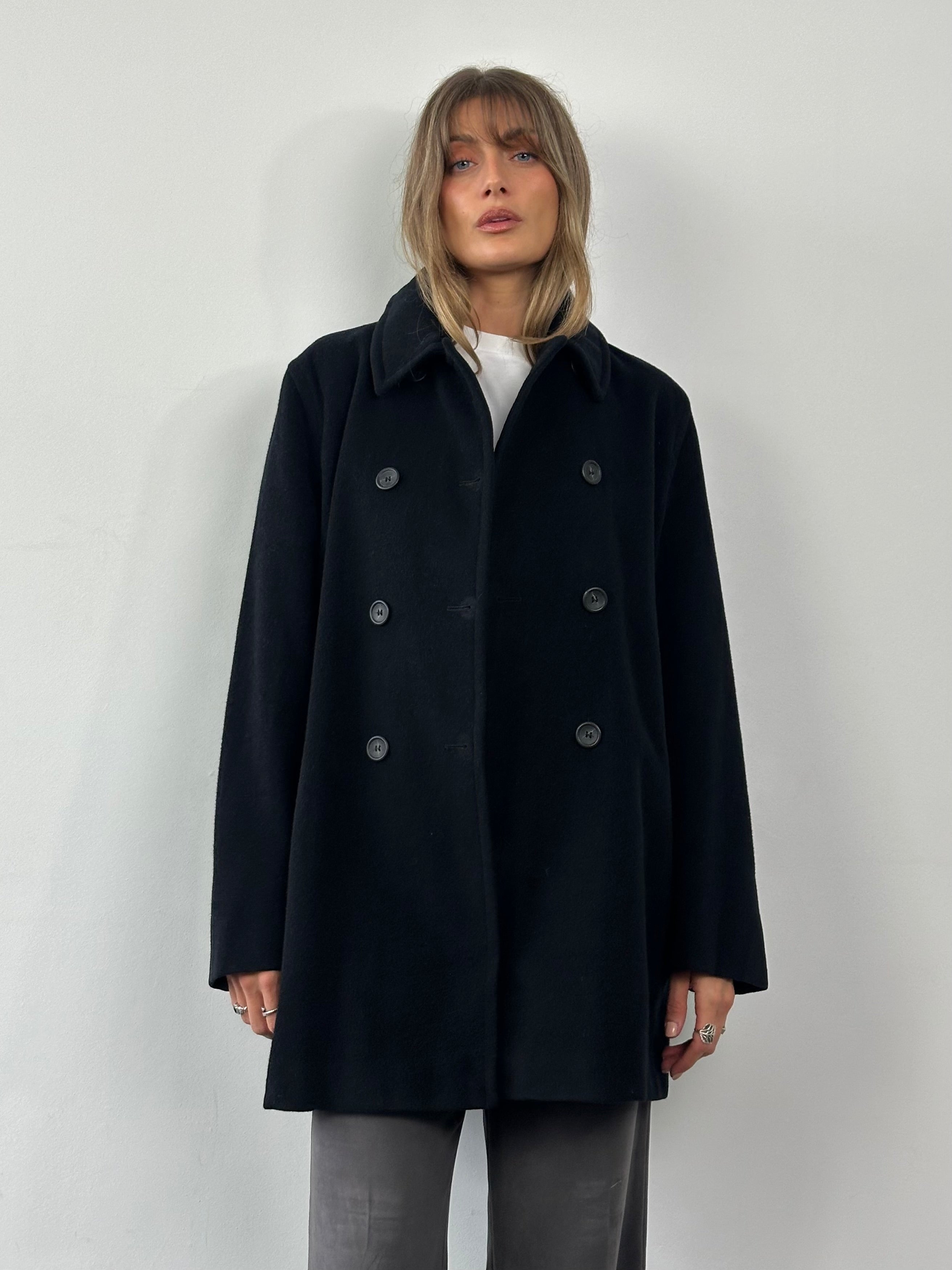 MAX & Co virgin wool double-breasted coat in size L, featuring a classic tailored design and button details.