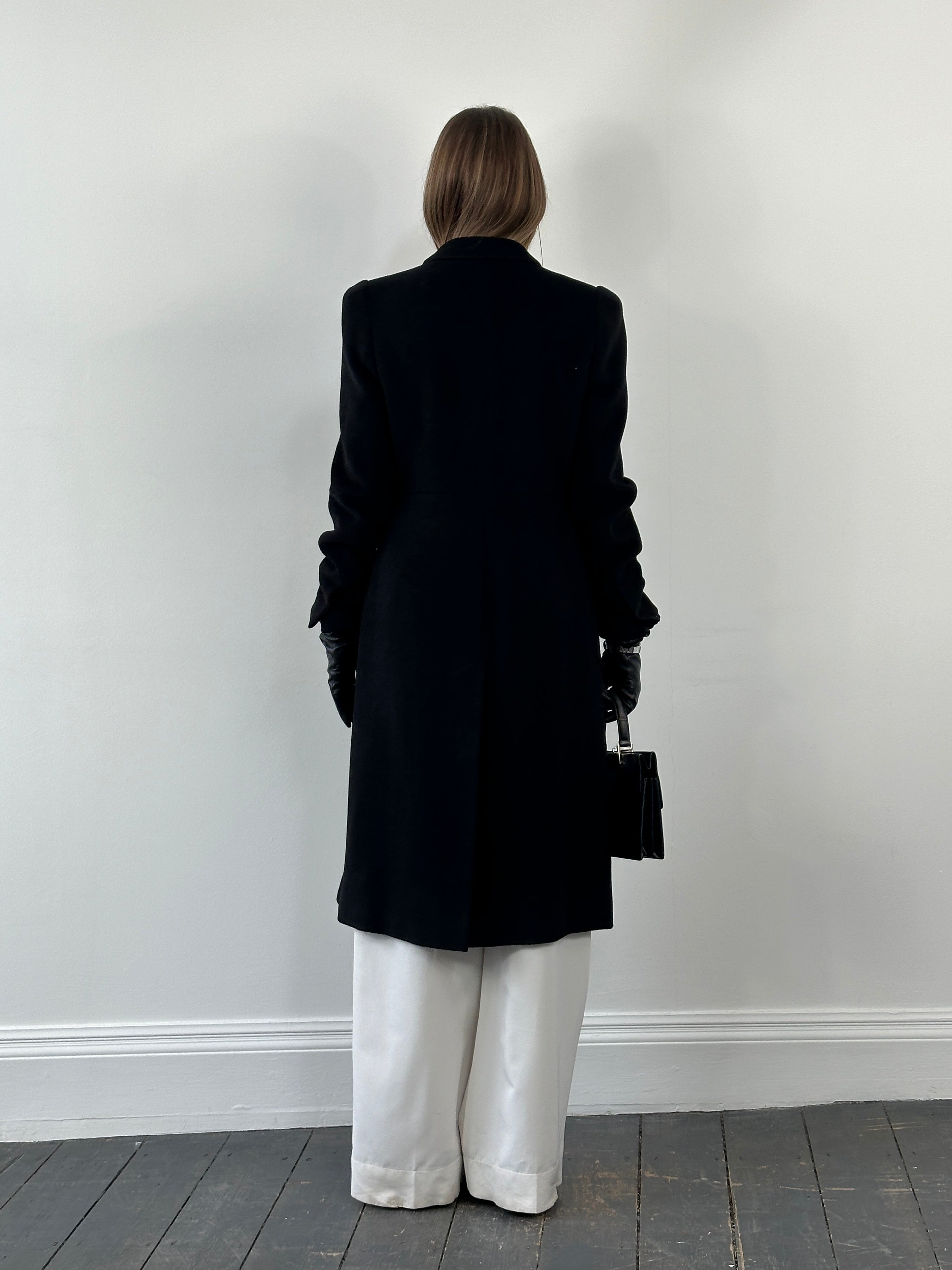 L.K. Bennett pure wool minimal wrap coat in size M, stylish and warm, shown in a neutral color with a tailored fit.