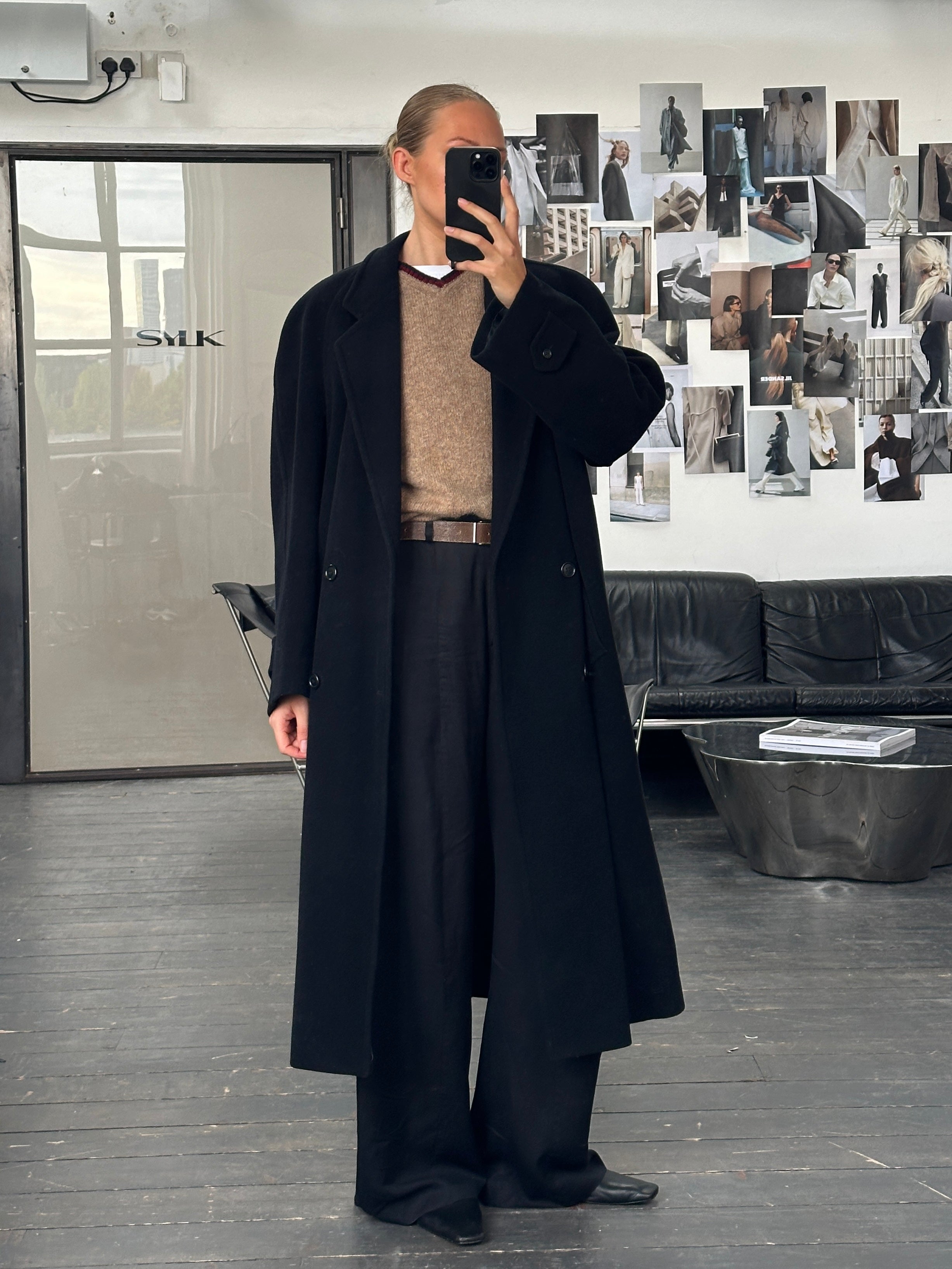 Vintage 1990s wool and cashmere double-breasted coat in XL, showcasing classic style and textured fabric details.