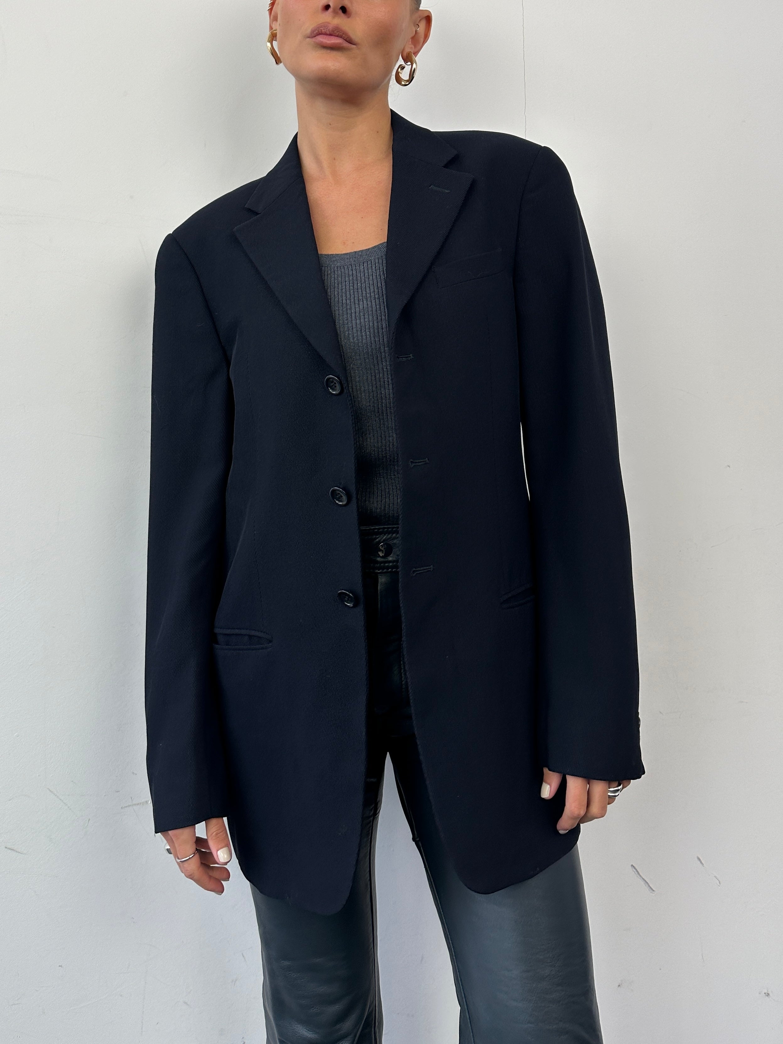 Armani Collezioni men's pure wool ribbed blazer in size 38R/M, single-breasted design with notch lapels and front button closure.