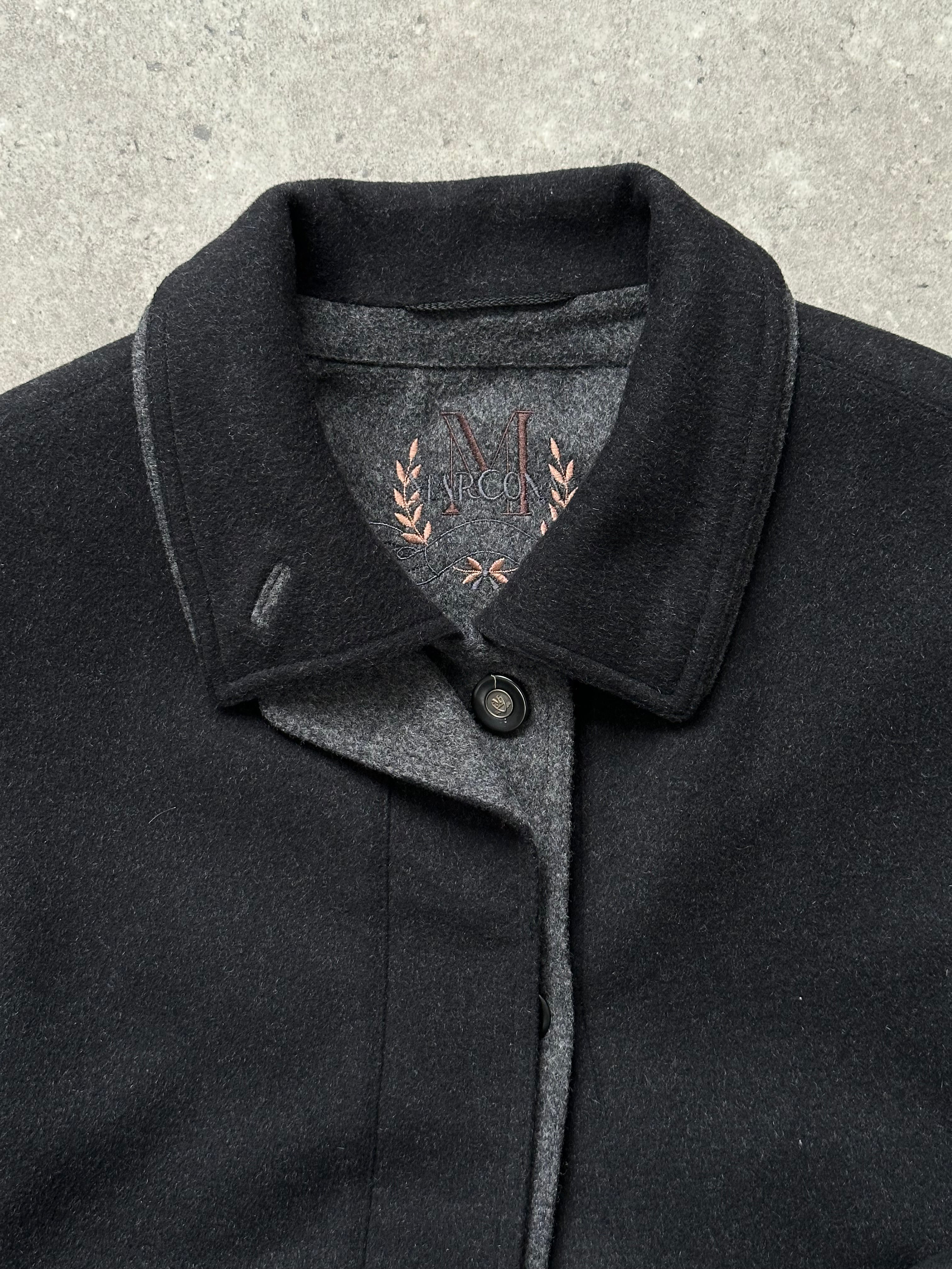 Vintage 1990s wool coat with concealed placket, in size large, featuring classic design and textured fabric.