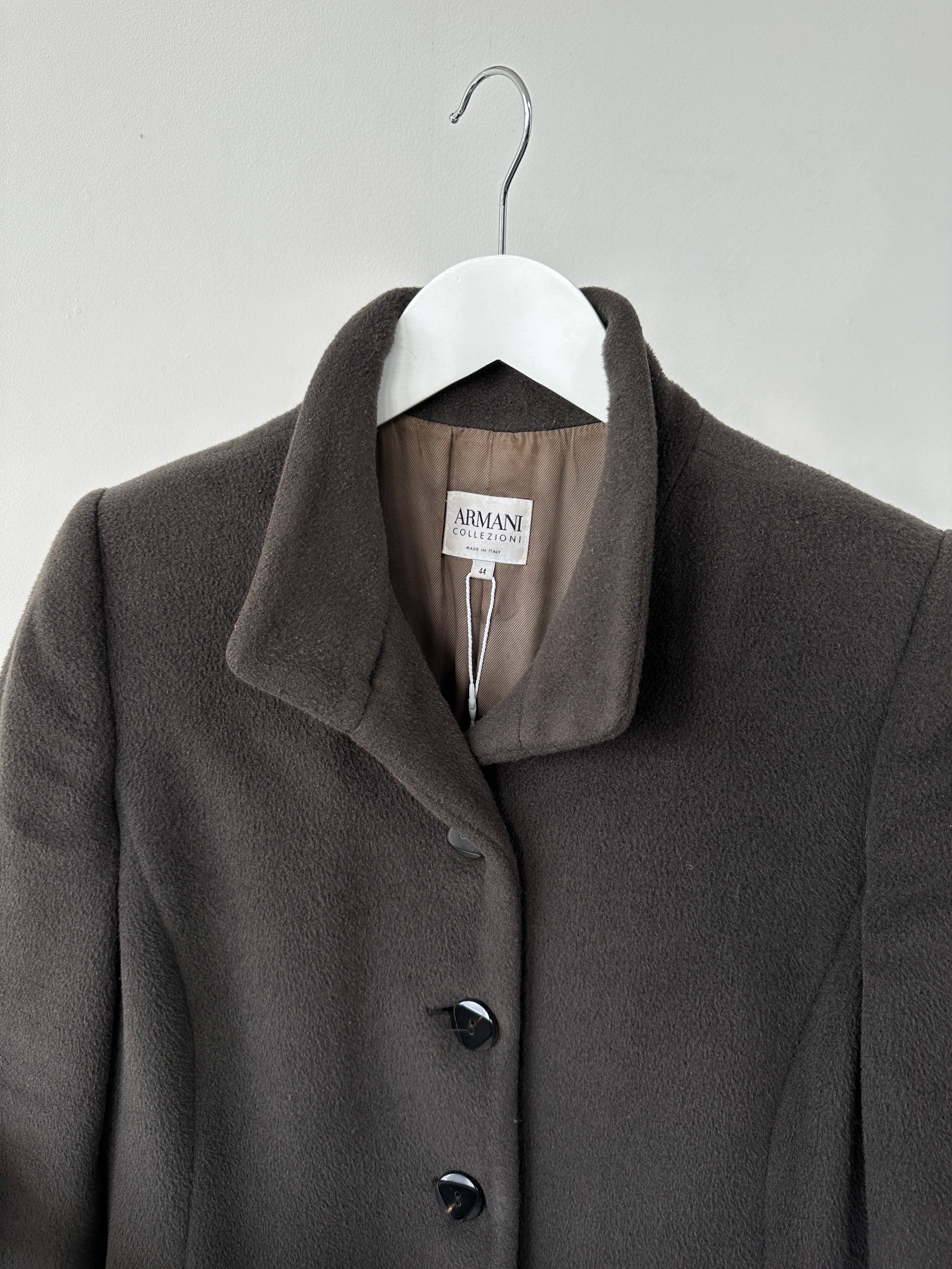 Armani Collezioni wool cashmere single-breasted coat in size S, shown in a sleek, tailored design with a classic collar and button closure.