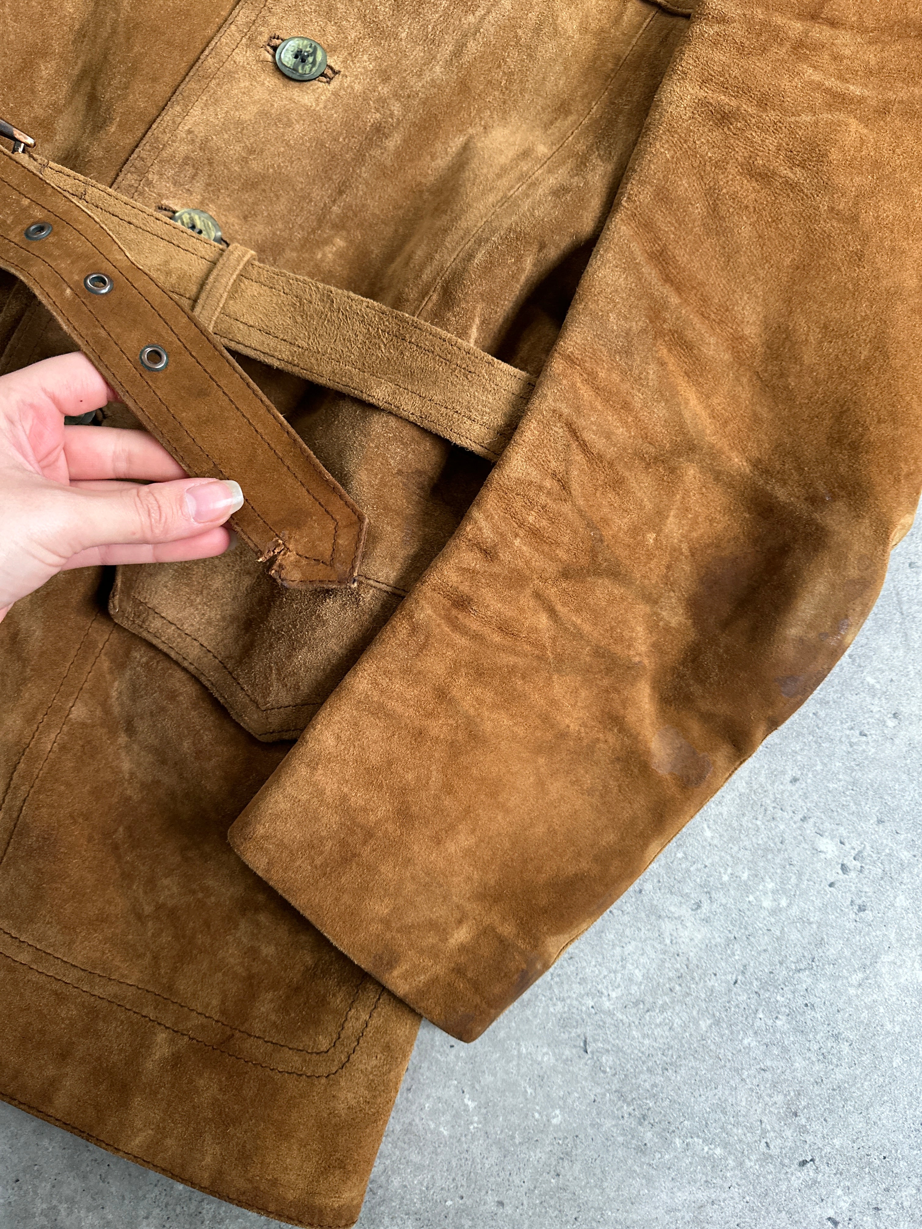 Vintage leather jacket with suede details and belted waist, size M/L, stylish retro-inspired women's outerwear.