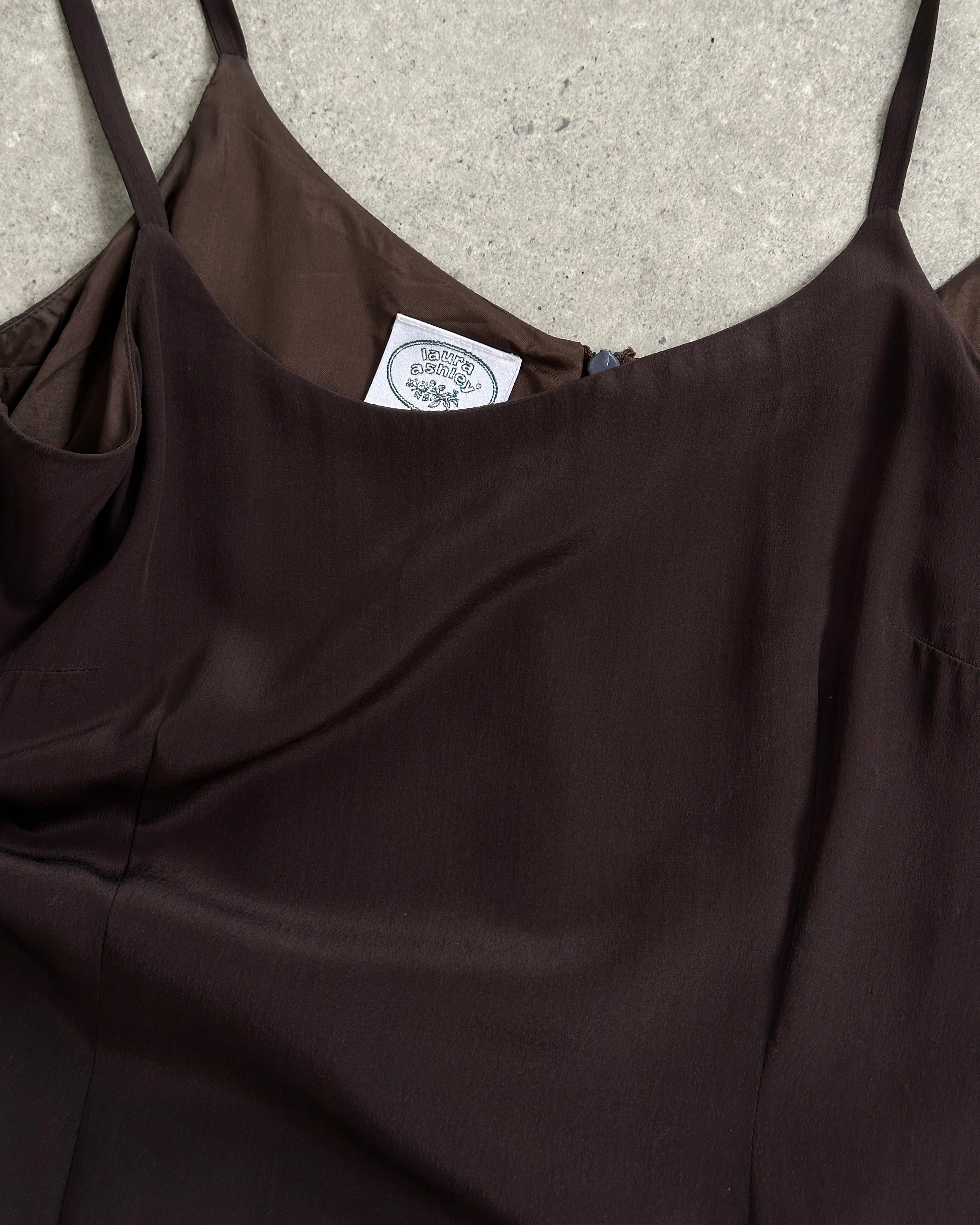 Laura Ashley pure silk floor-length slip dress in size M, elegant black dress with smooth silk fabric and sleek design.