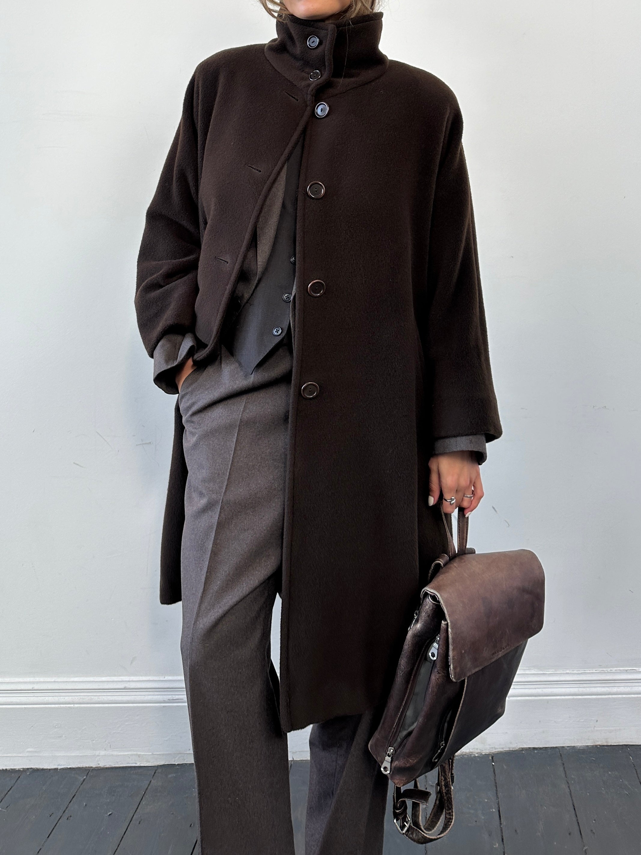 Marella wool cashmere funnel neck coat in black, M/L size, featuring a sleek design and warm, soft fabric for winter wear.
