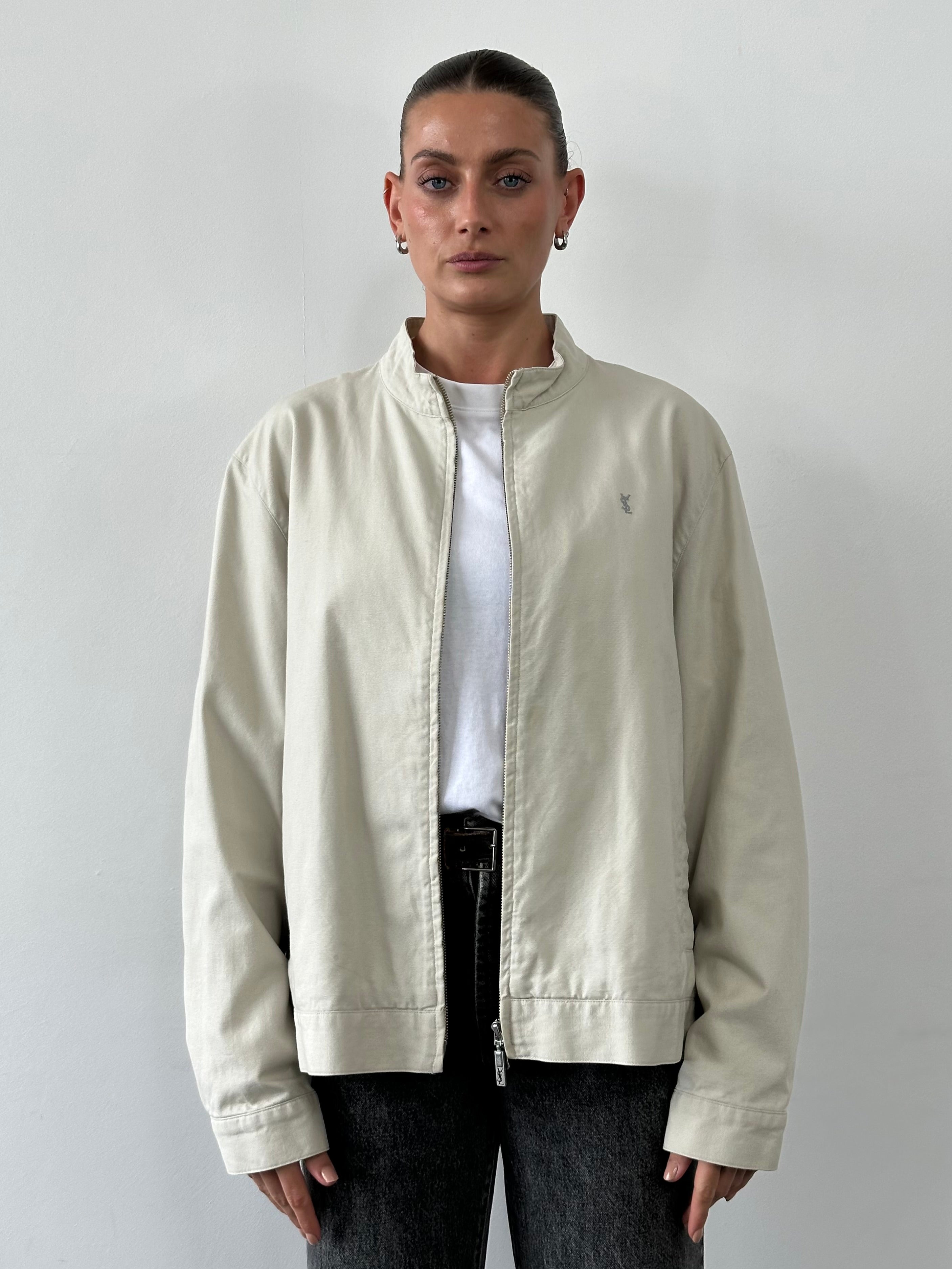 Yves Saint Laurent Pour Homme double zip logo bomber jacket in pure cotton, XL size, featuring a sleek design and zip details