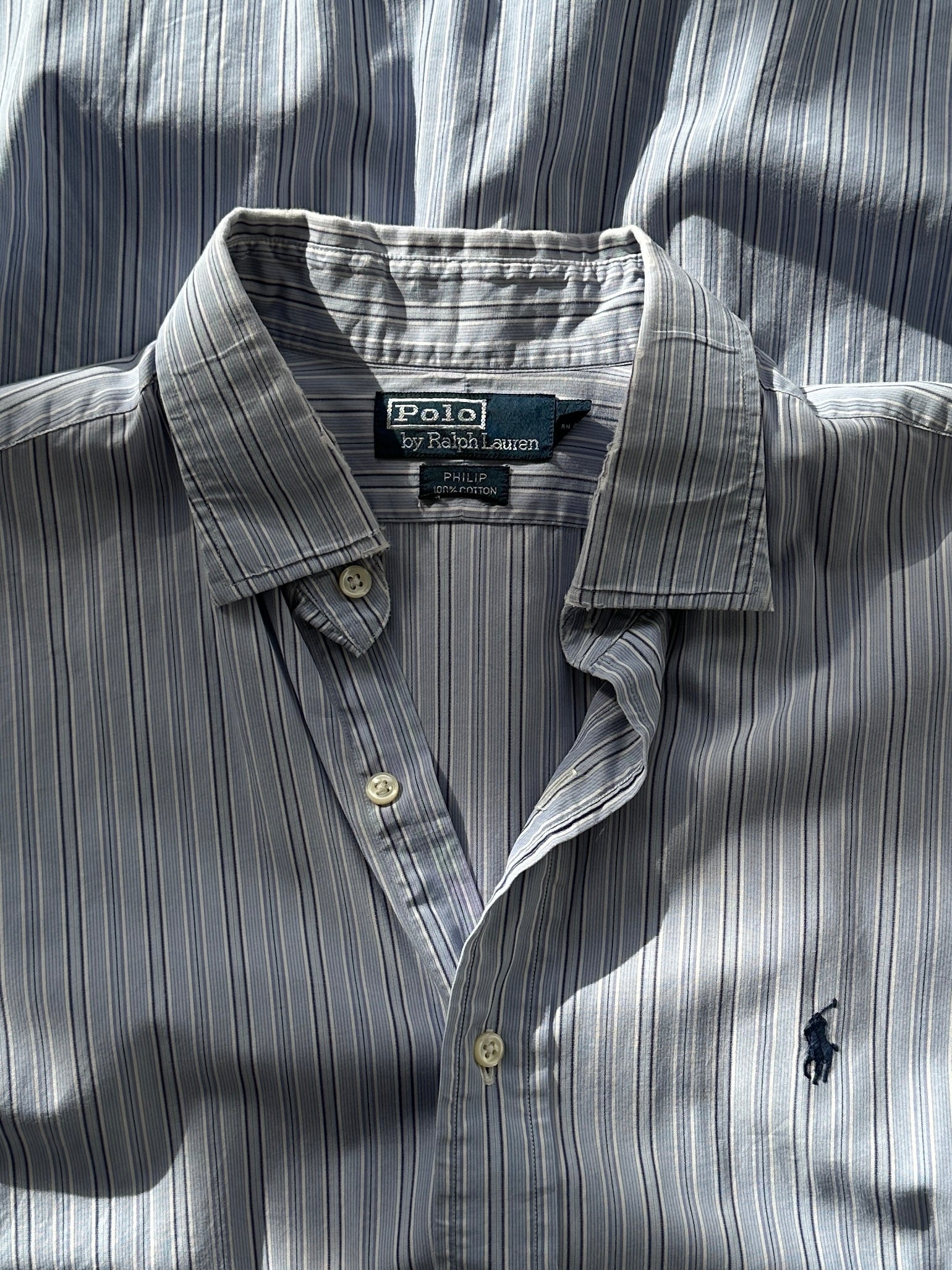 Ralph Lauren men's XL cotton shirt with blue and white stripe pattern, classic button-down design, and long sleeves.