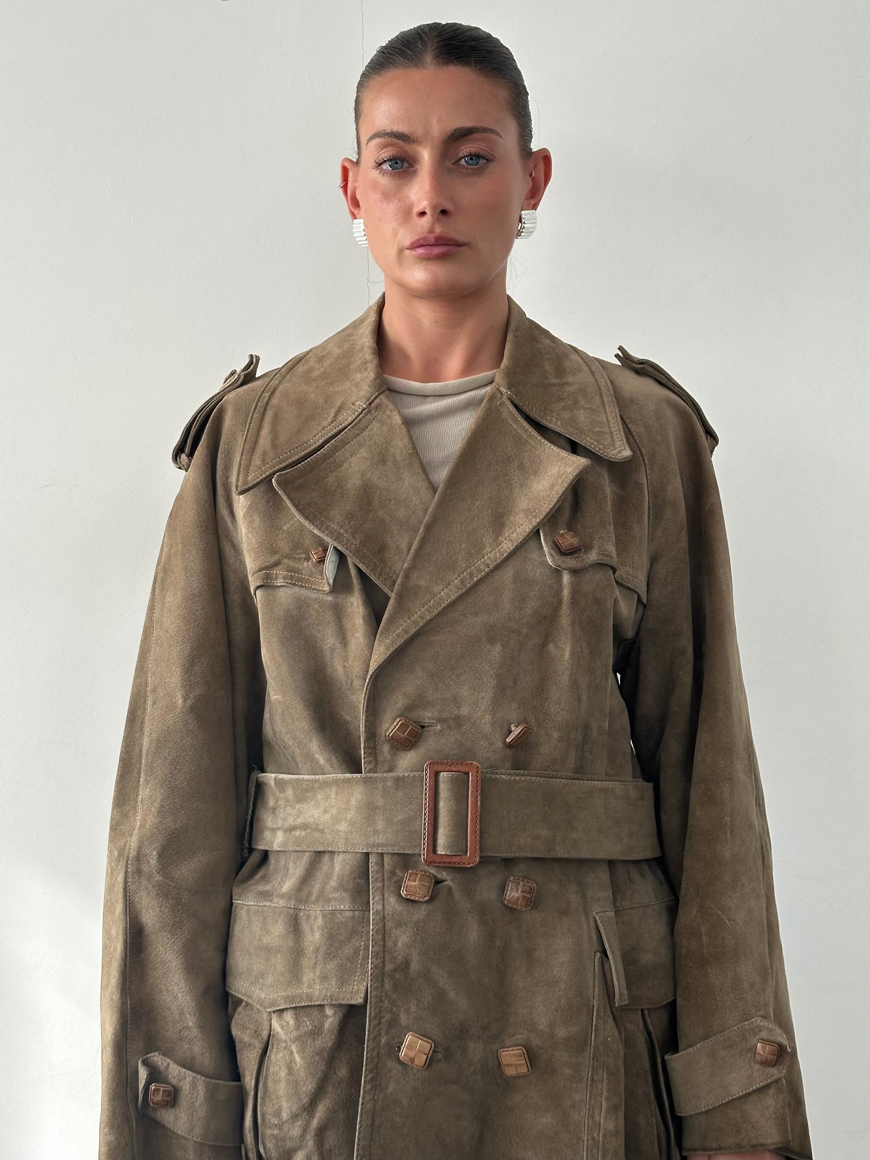 Vintage pure suede belted trench coat in XL size, featuring classic design and tailored fit, displayed on a hanger.