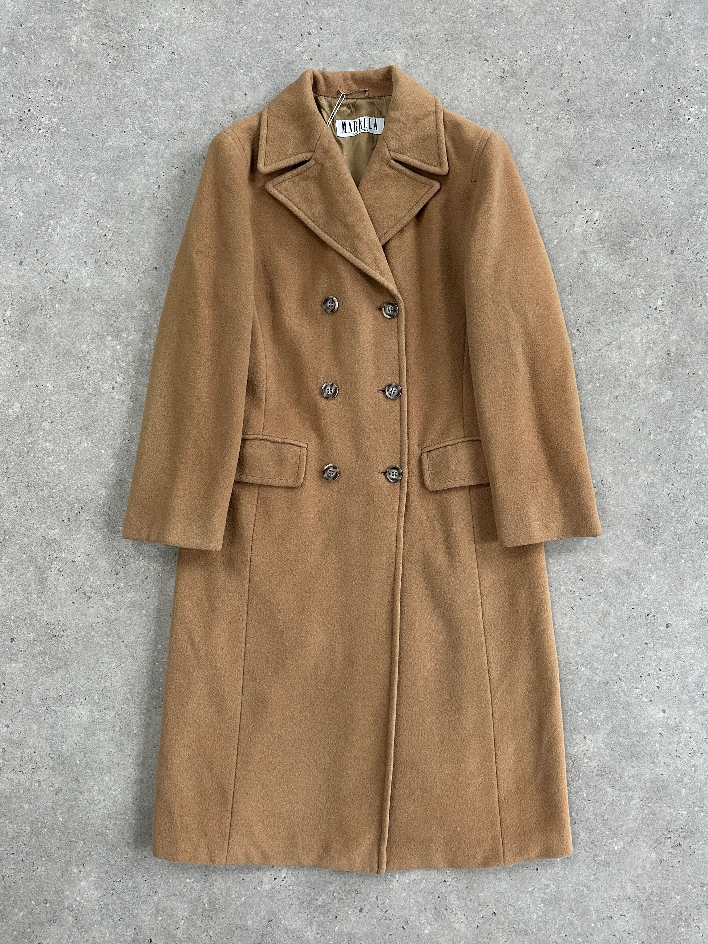 Marella 1990s virgin wool double-breasted coat in size M, stylish vintage coat with classic lapel and button details.