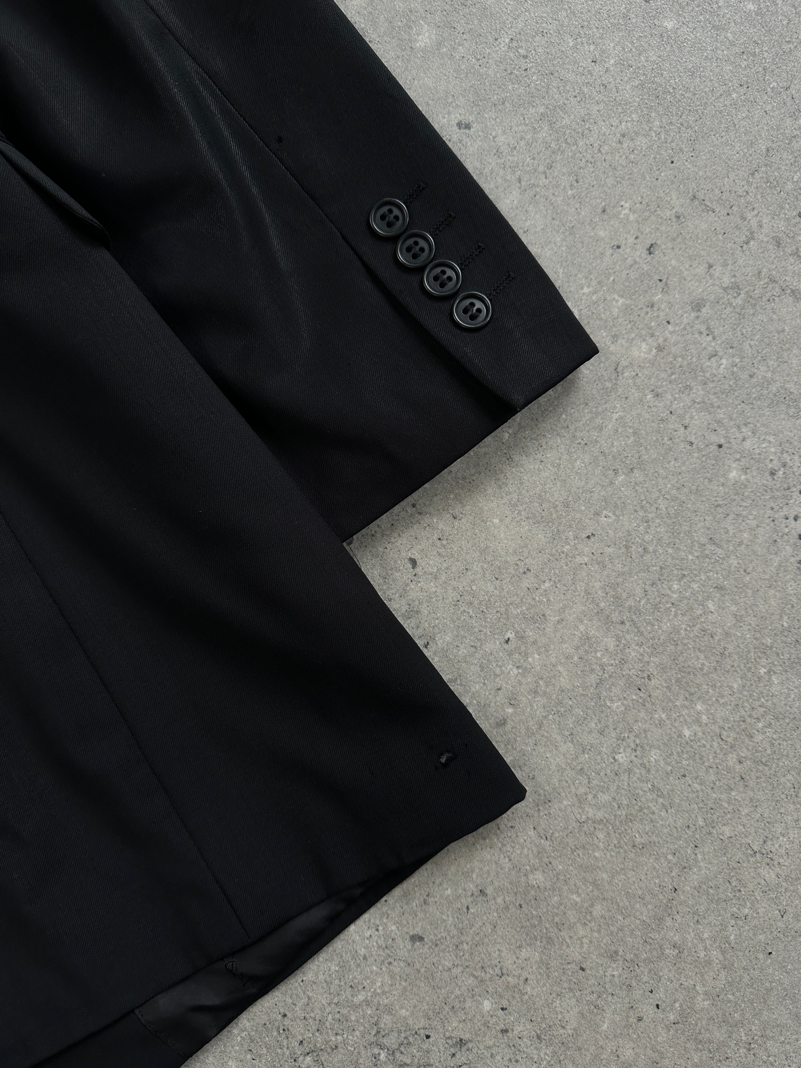 Yves Saint Laurent Pour Homme 1990s pure wool single-breasted blazer in size 40L/XL, shown on a hanger with classic lapel design.