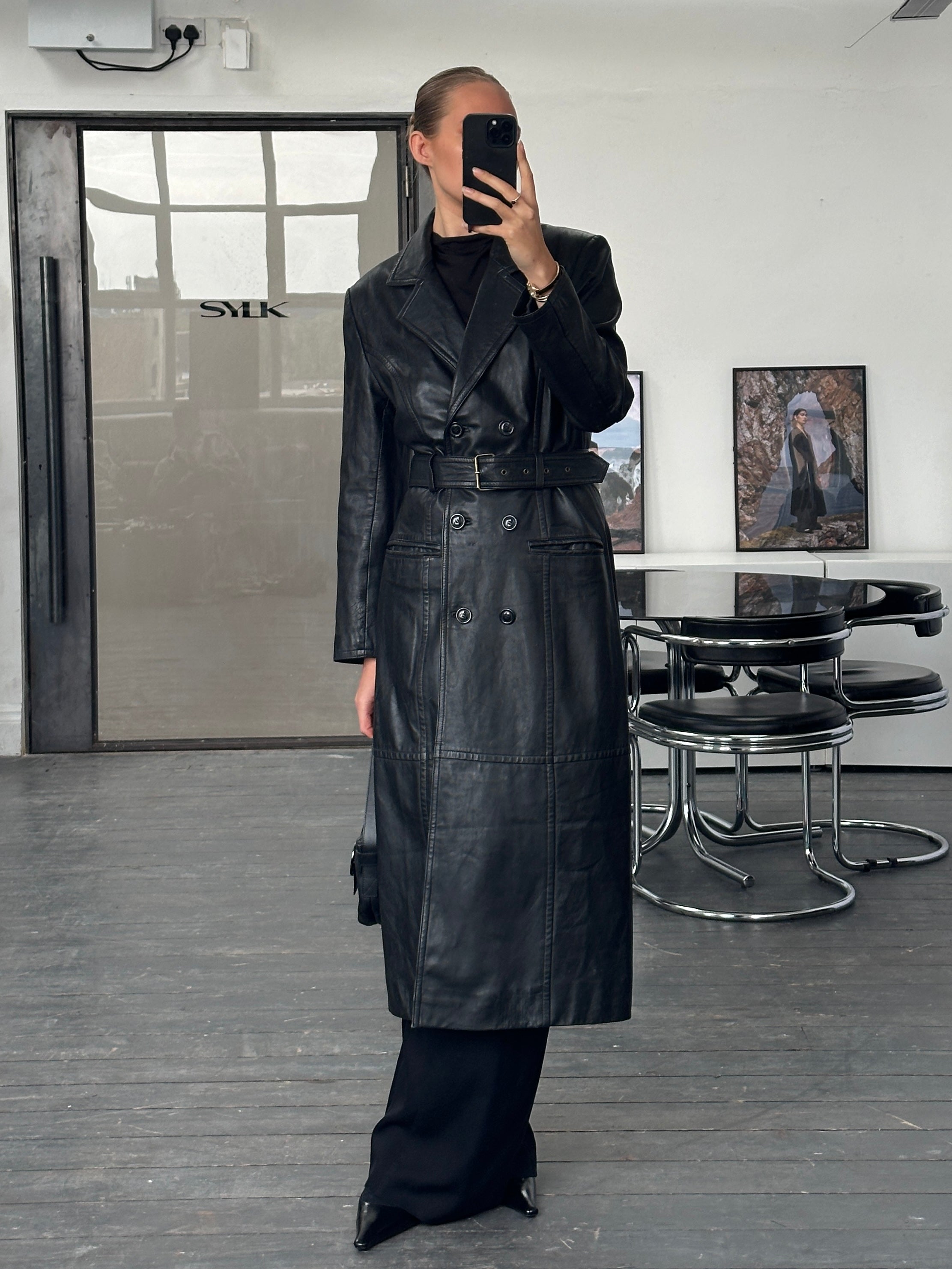 Vintage 1990s Floor Length Belted Leather Trench Coat - M - SYLK