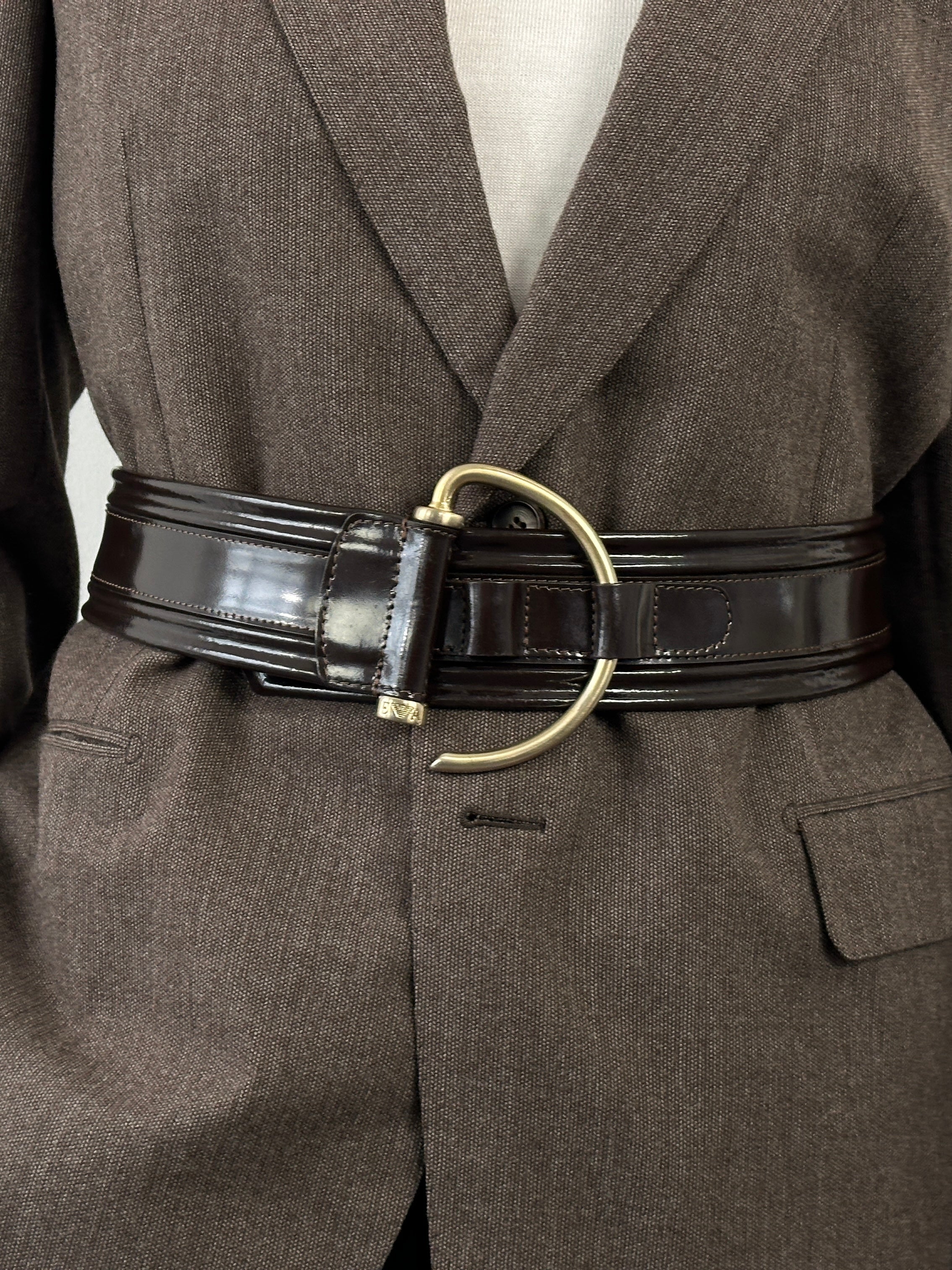 Emporio Armani leather D-ring belt in black with silver hardware, size W32-36, stylish accessory for men.