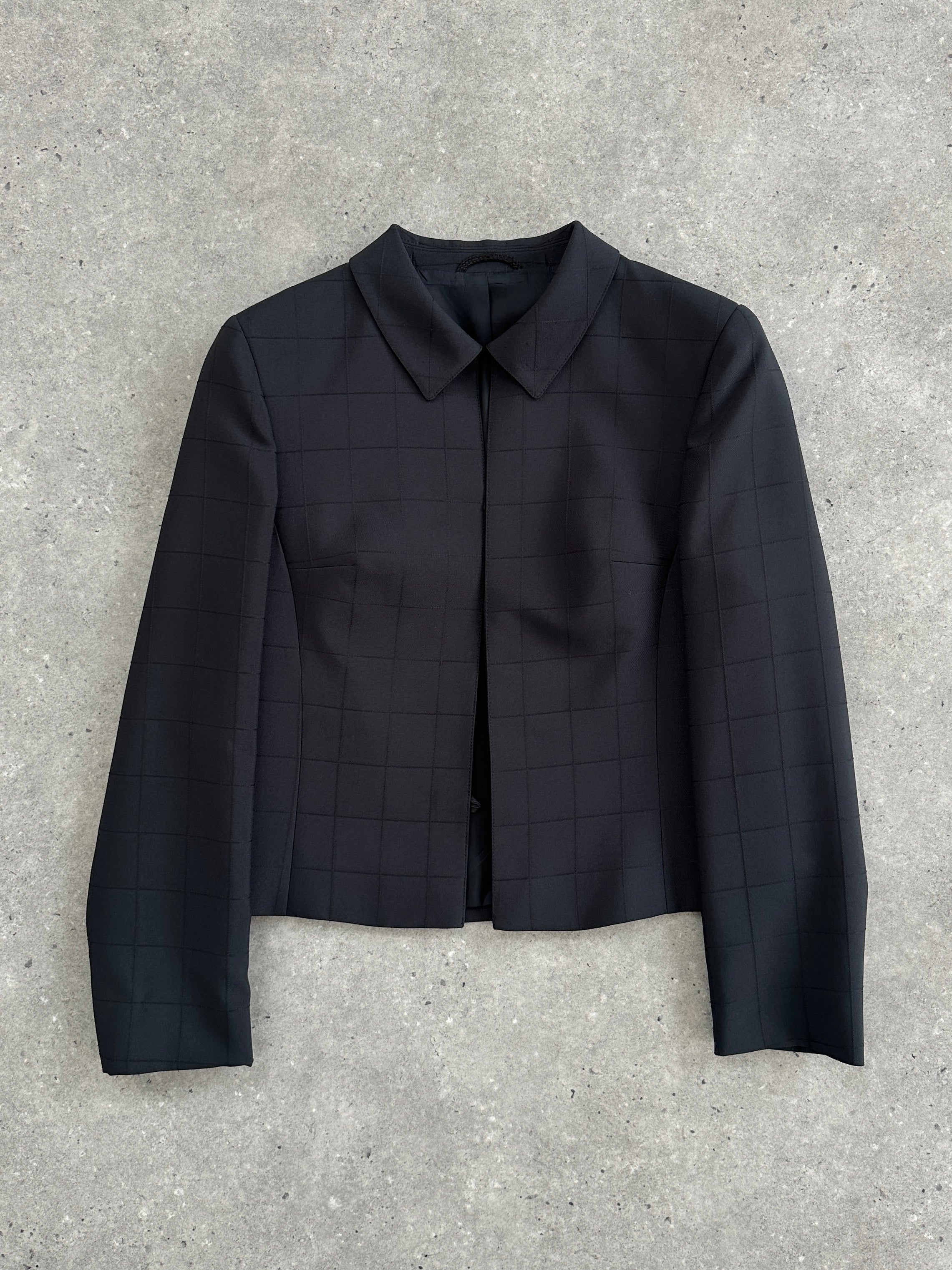 Vintage 80s minimal cropped check blazer, slim fit with classic pattern, stylish retro blazer for women.
