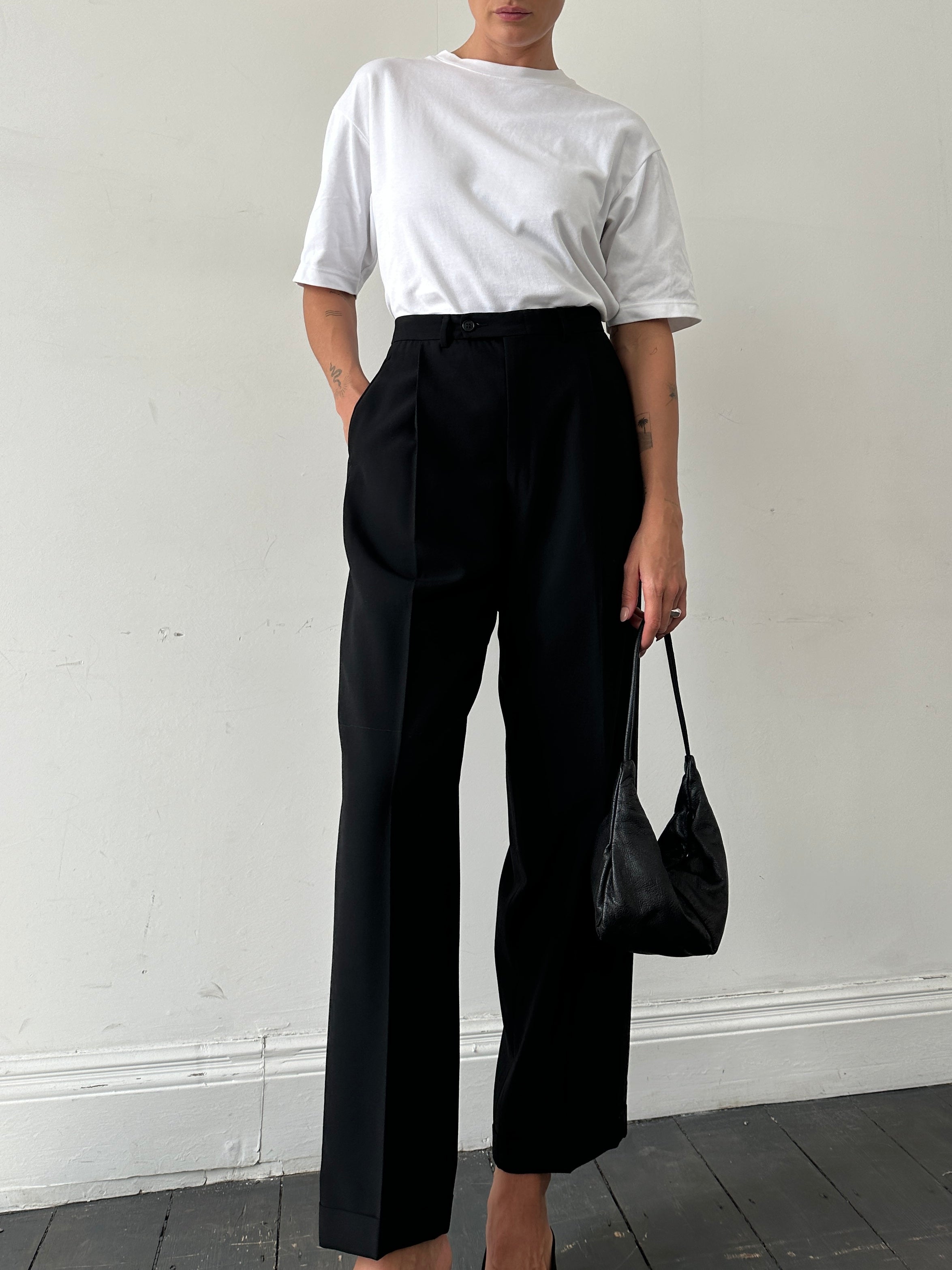 Vintage pure wool straight leg tailored tuxedo trousers in W32 size, featuring a classic fit and smooth fabric.