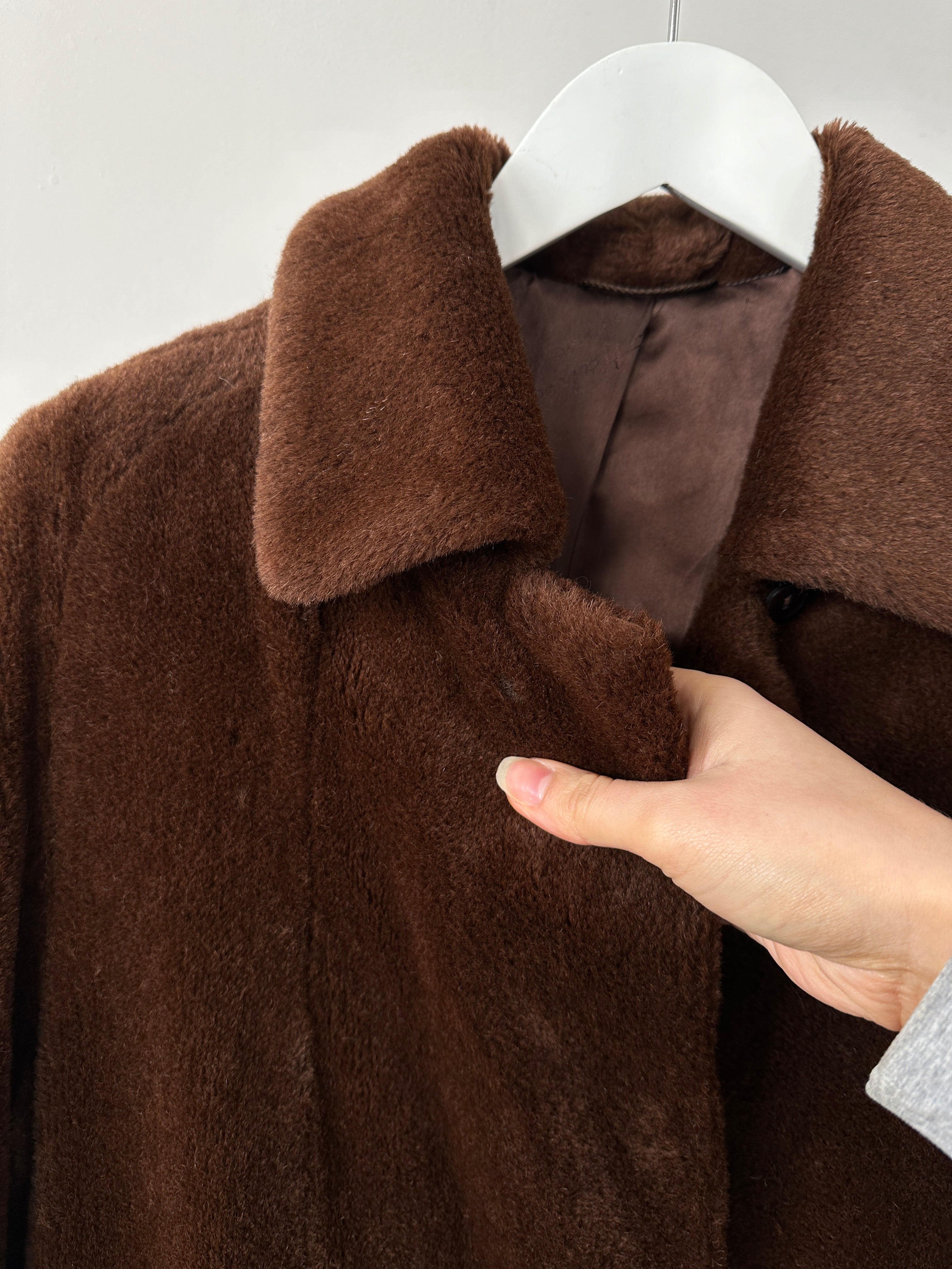 Vintage alpaca mohair fur single-breasted A-line coat in S/M, showcasing the textured fabric and classic design.