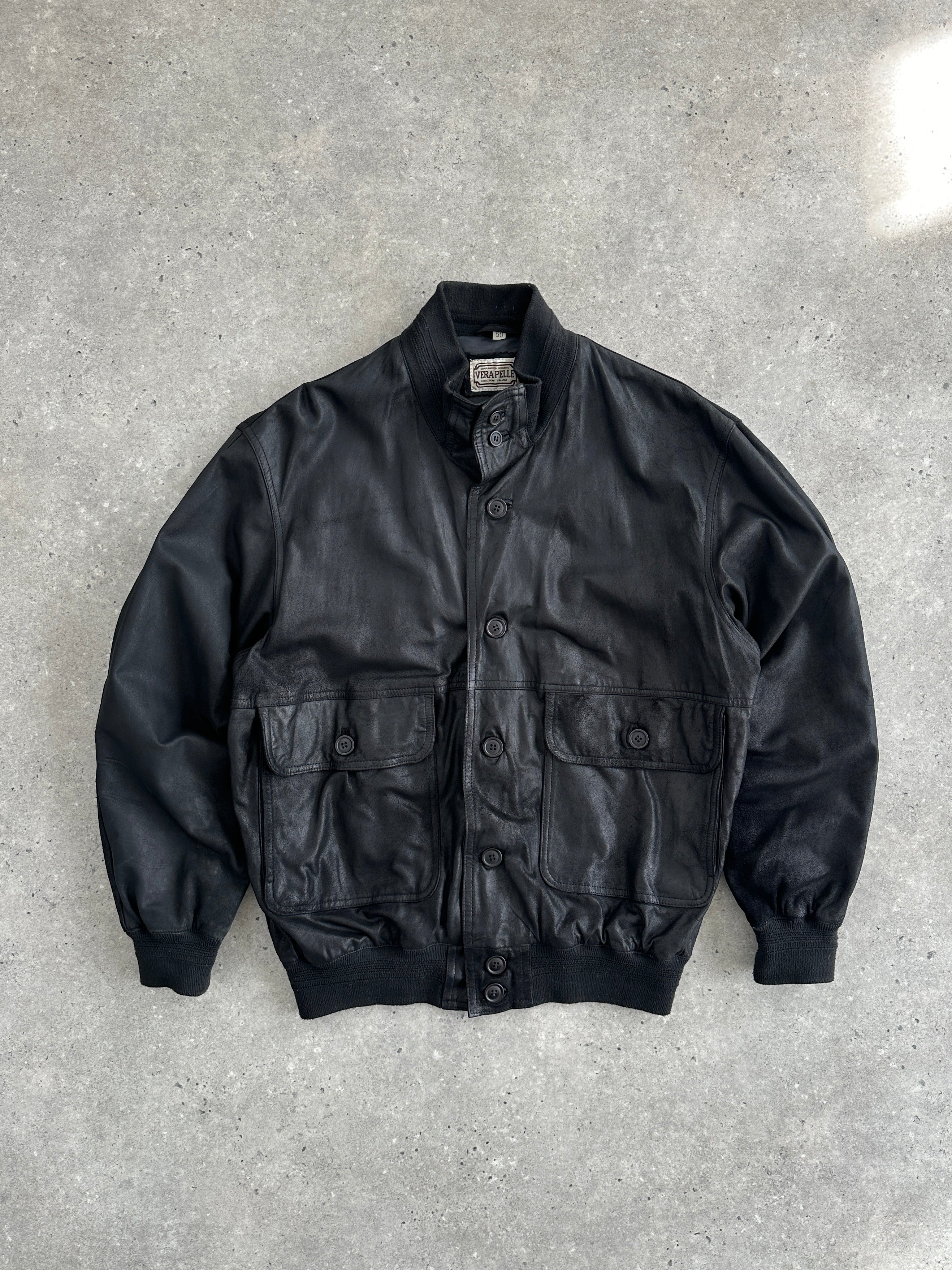 Vintage Italian 1990s leather nubuck bomber jacket with classic design, featuring a fitted collar and detailed stitching.