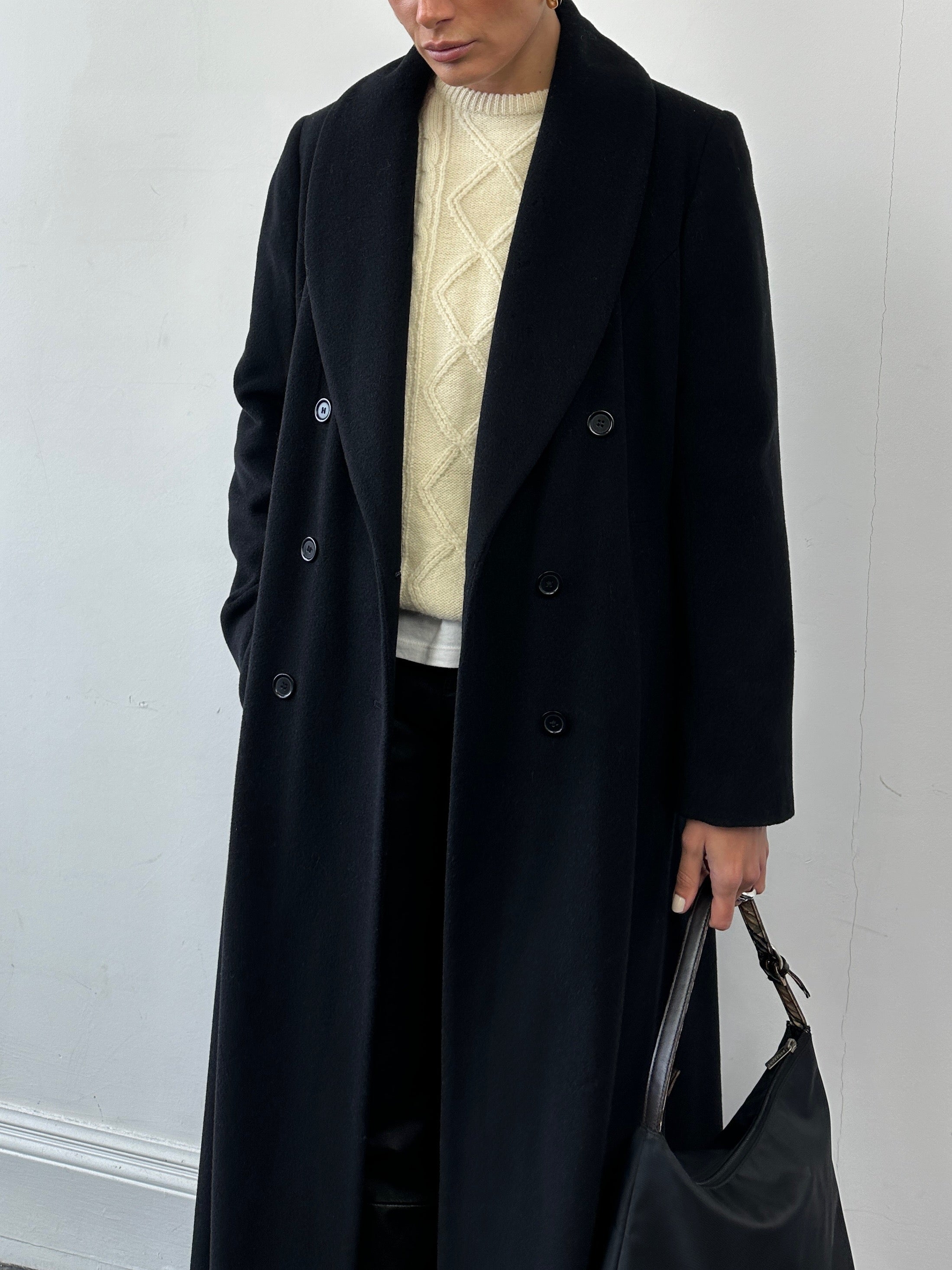 Vintage wool and cashmere double-breasted floor-length coat, size M, featuring classic tailored style and warm, luxurious fabric.