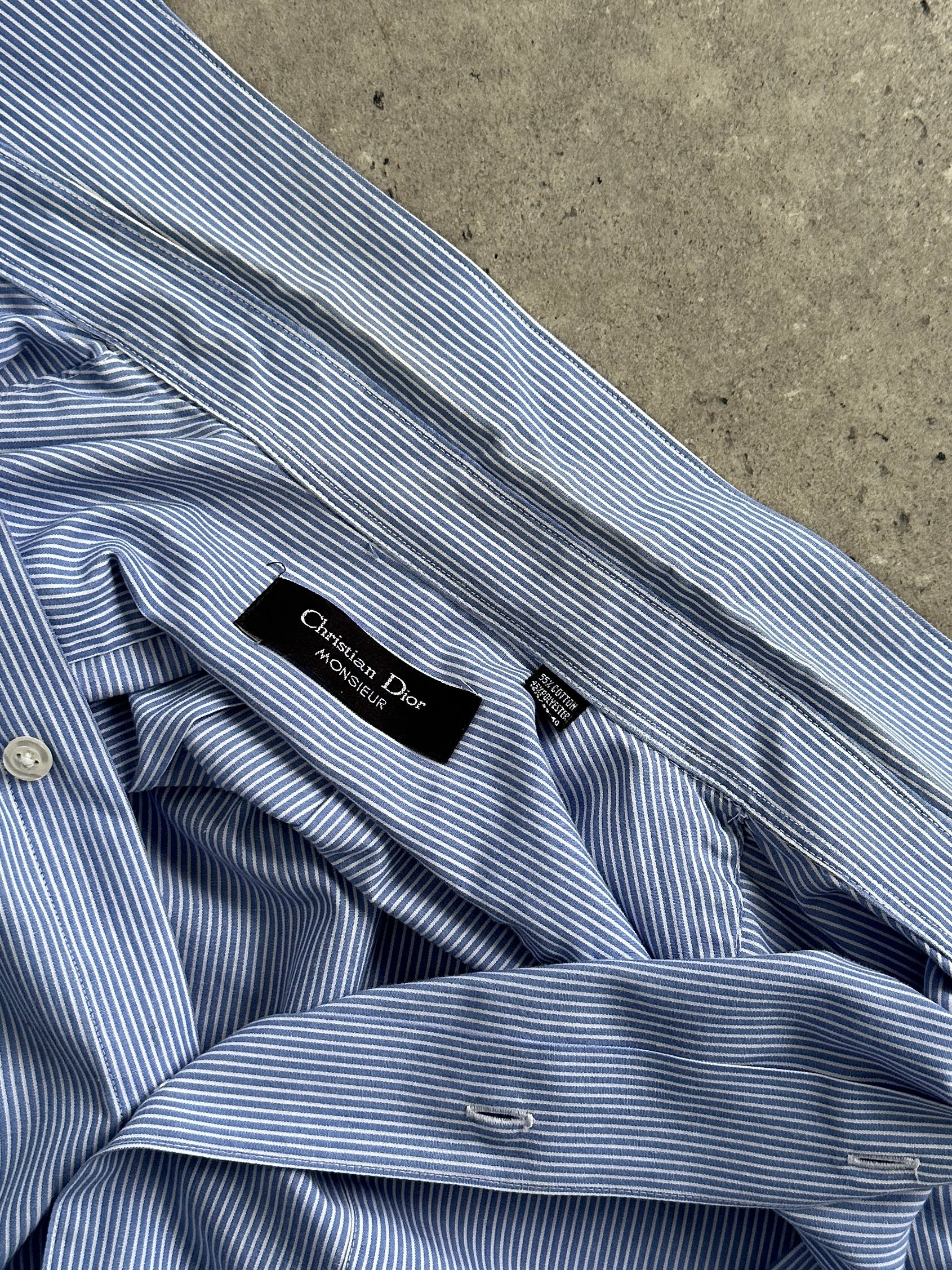 Christian Dior Monsieur cotton stripe logo shirt in M/L with classic blue and white stripes, featuring the Dior logo on the chest.