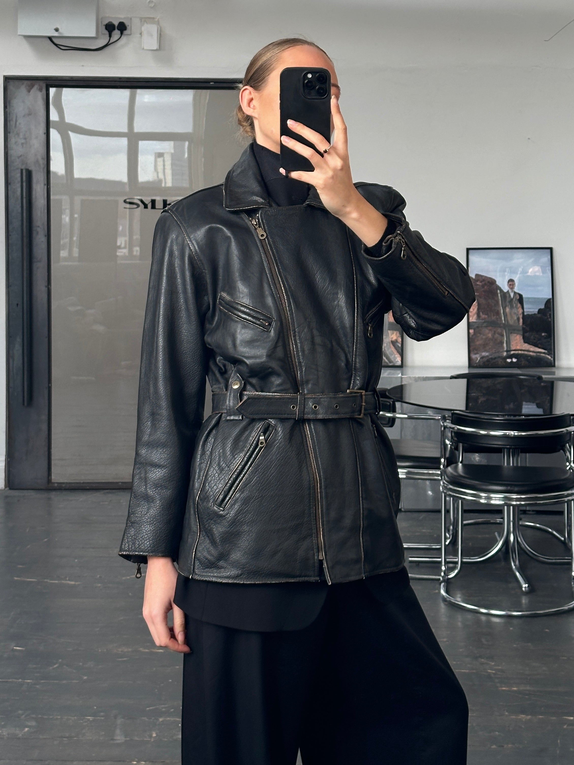Vintage 1980s aviator belted leather jacket, M/L, featuring classic design, leather material, and vintage style details.