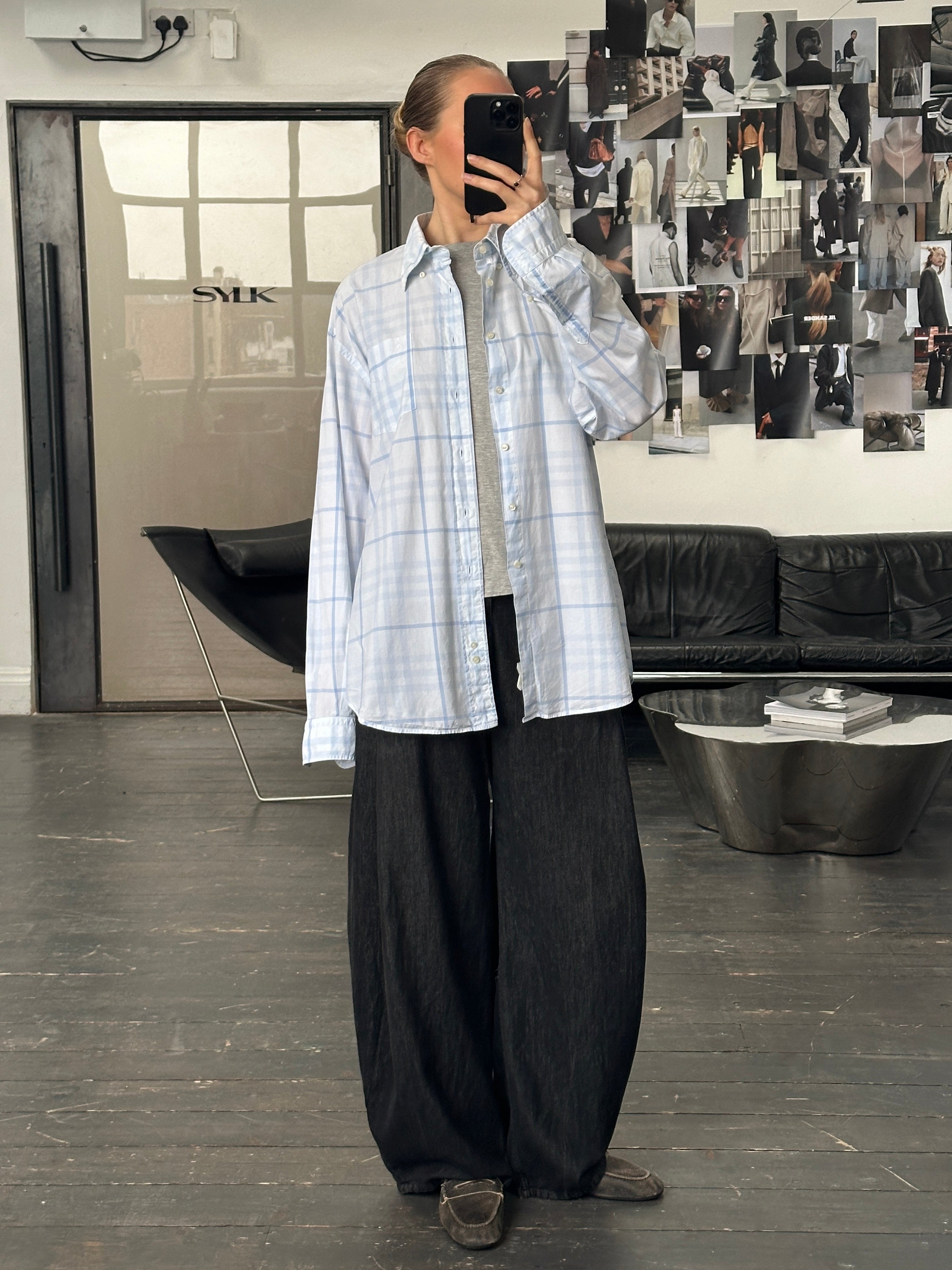 Burberry London 2000s cotton check shirt in XL size, featuring classic beige, black, and red plaid pattern, button-front design.