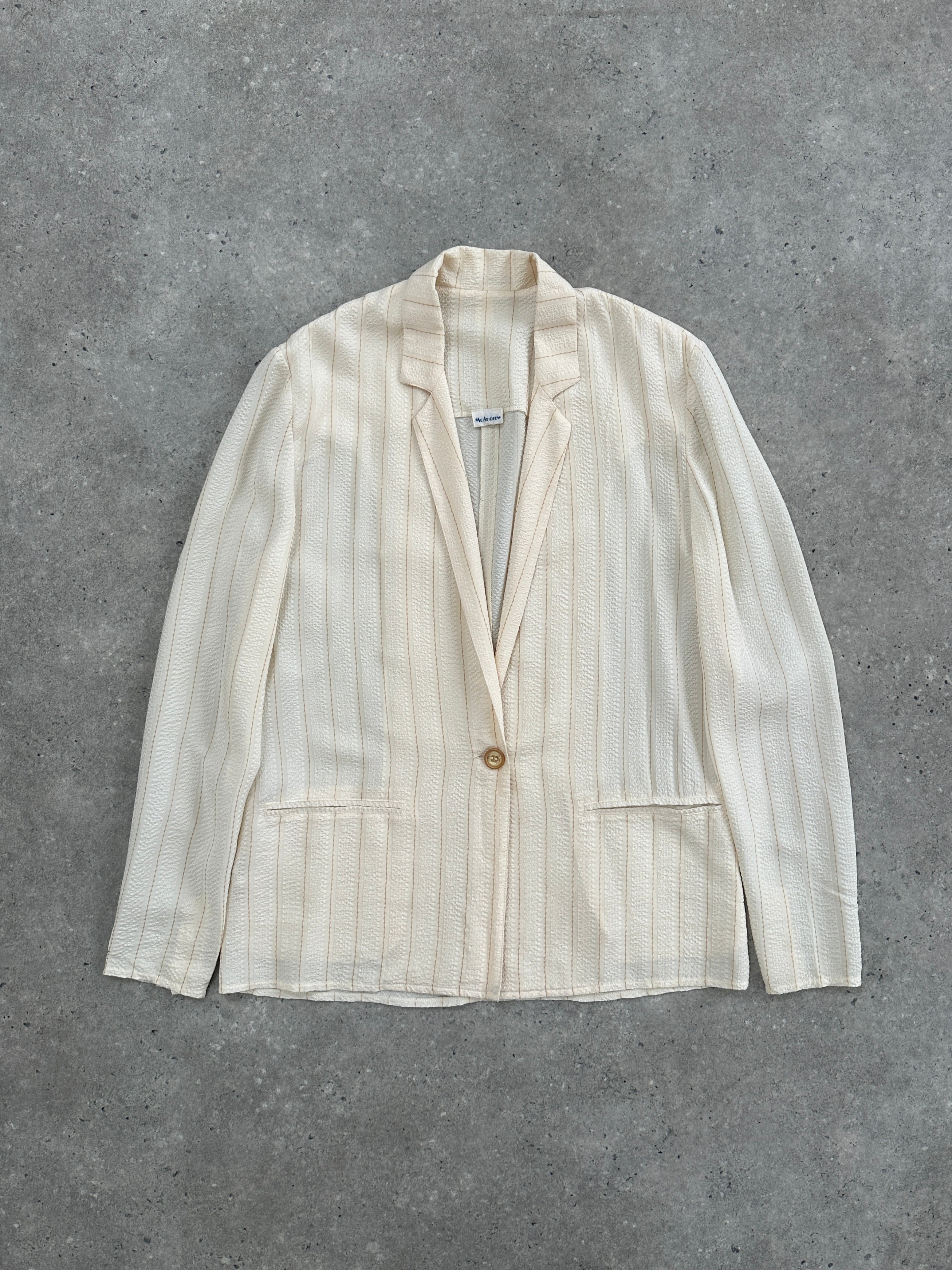 Vintage Italian vintage pure silk stripe blazer, single button, tailored fit, stylish for formal or casual wear.