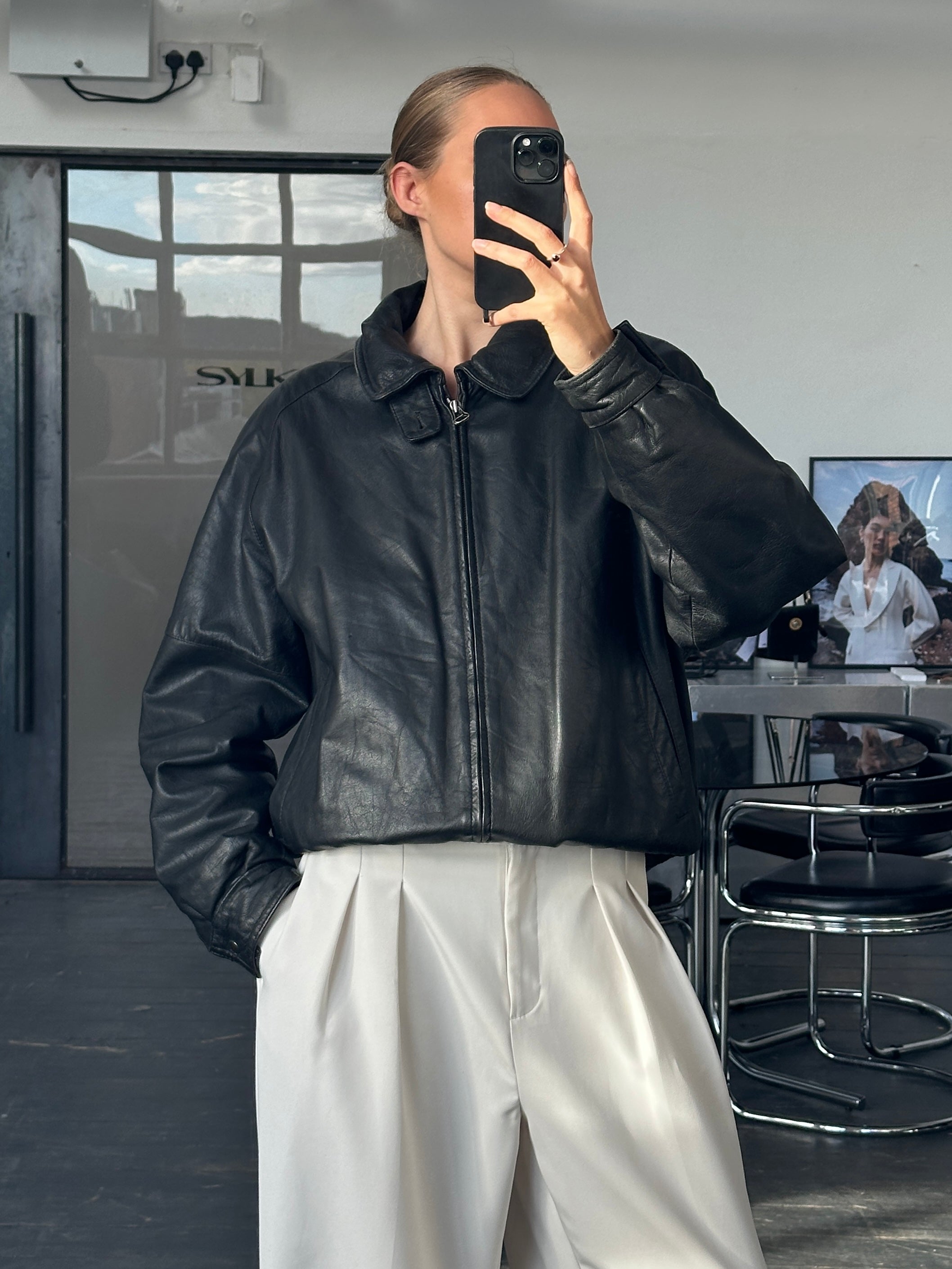 Vintage 1980s High Neck Leather Bomber Jacket - L | SYLK