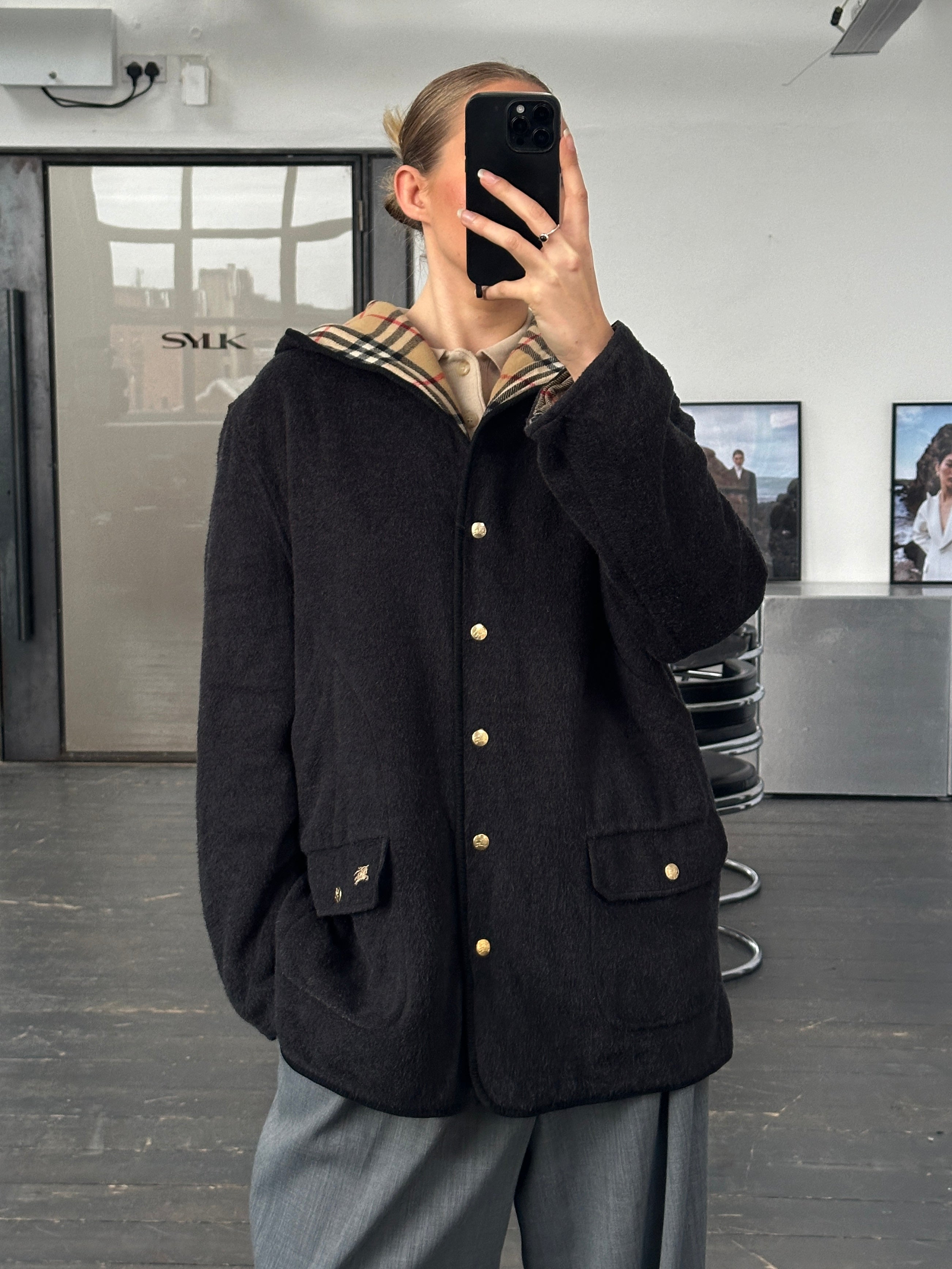 Burberry 1990s wool bespoke button hooded coat in XL, shown with a classic tailored design and detailed buttons.