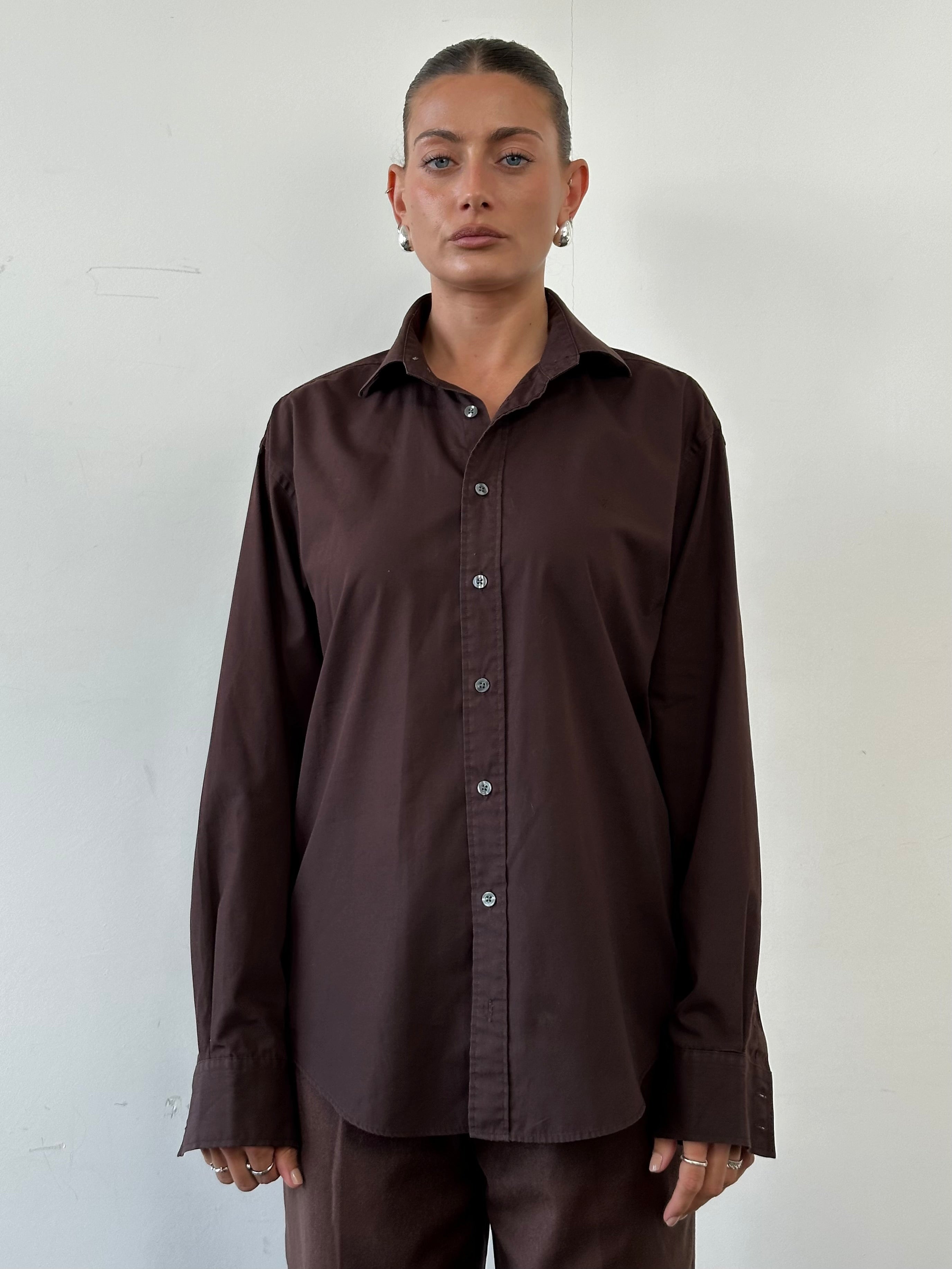 Yves Saint Laurent Pour Homme cotton logo shirt in size L, featuring a classic design with the brand's logo on the chest.