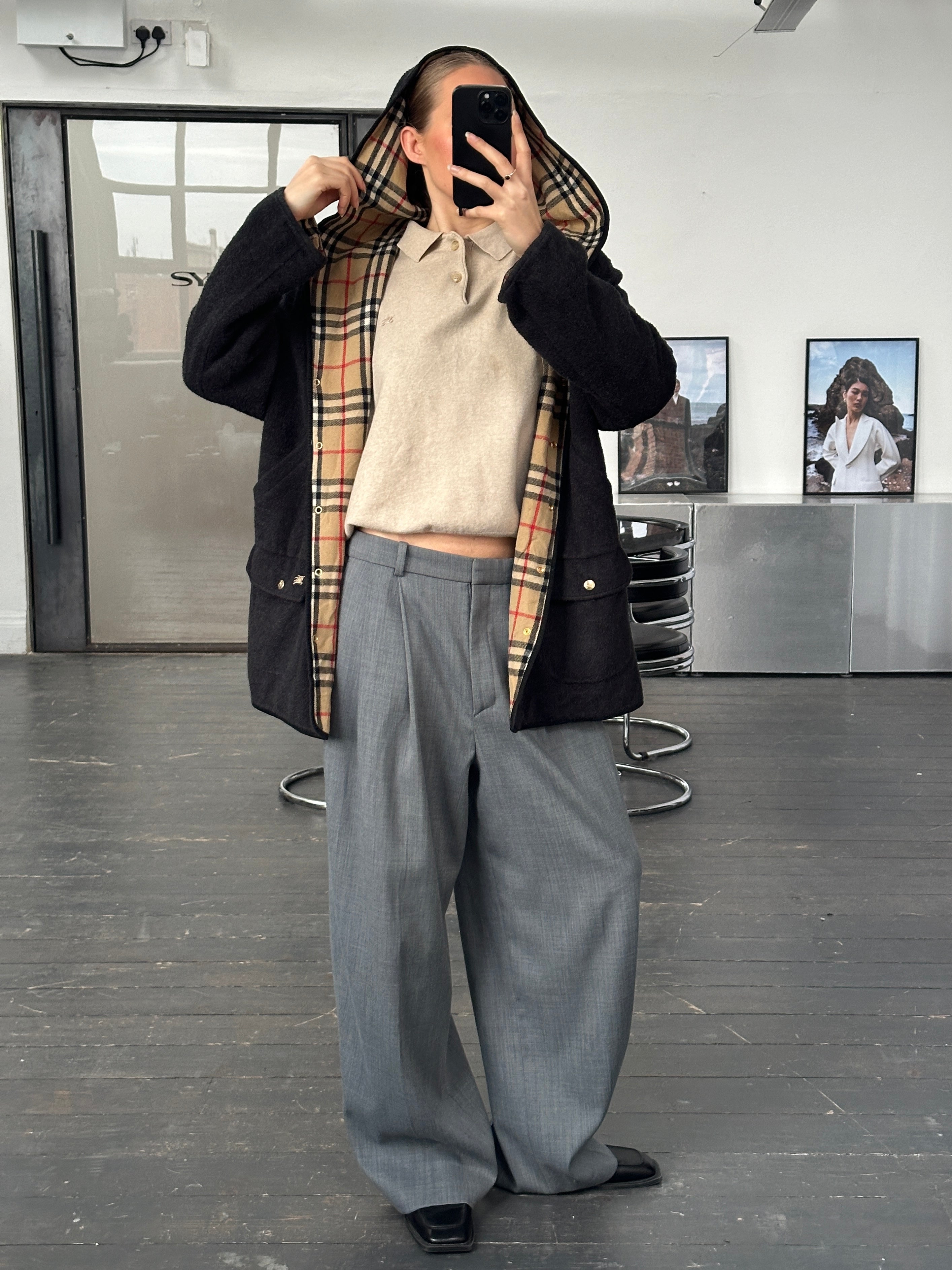 Burberry 1990s wool bespoke button hooded coat in XL, featuring classic tailored design and warm wool fabric.