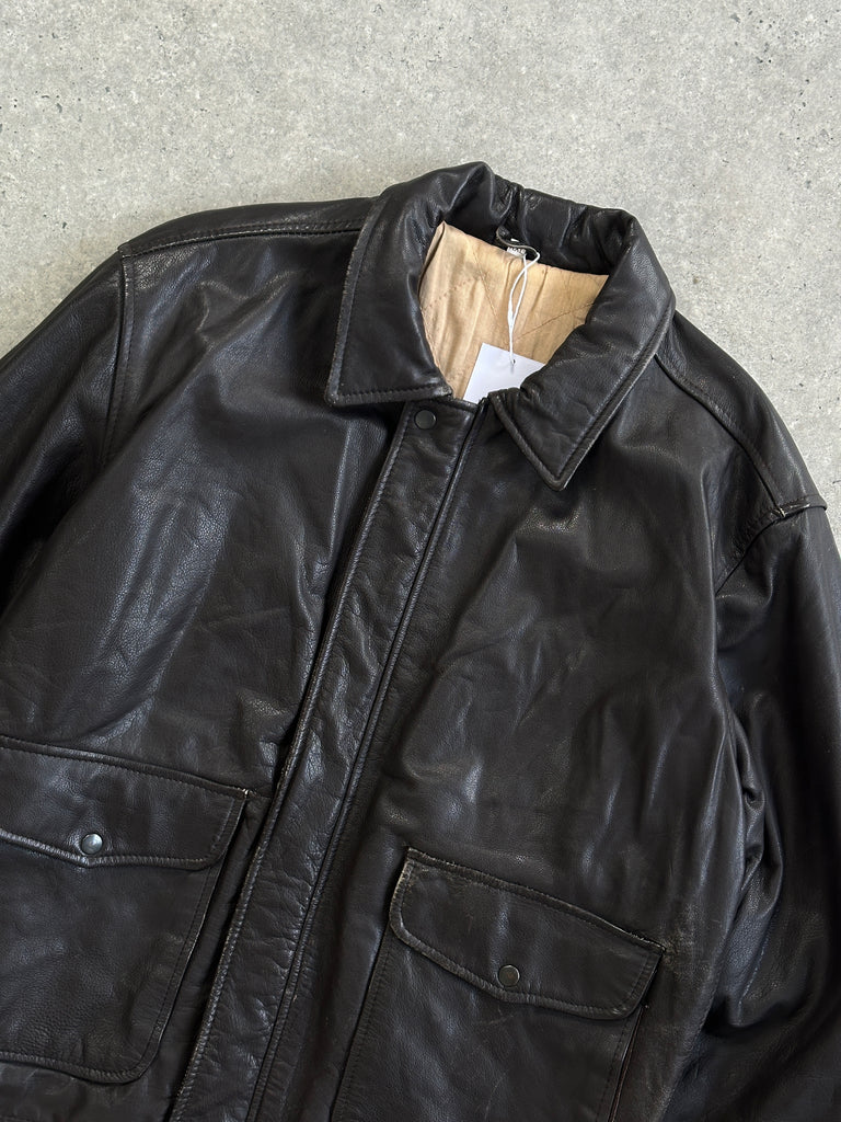 Vintage Minimal Zip Up Leather Jacket - XL - SYLK