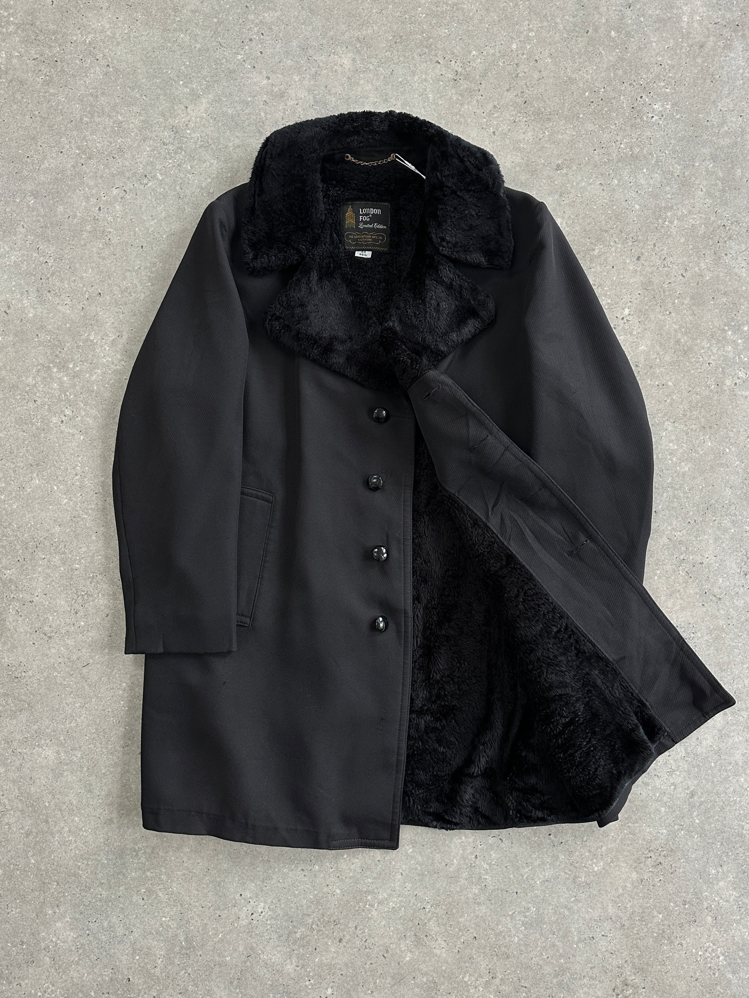 London Fog faux fur-lined trench coat in XL size, stylish outerwear with a classic design and warm fur lining visible.