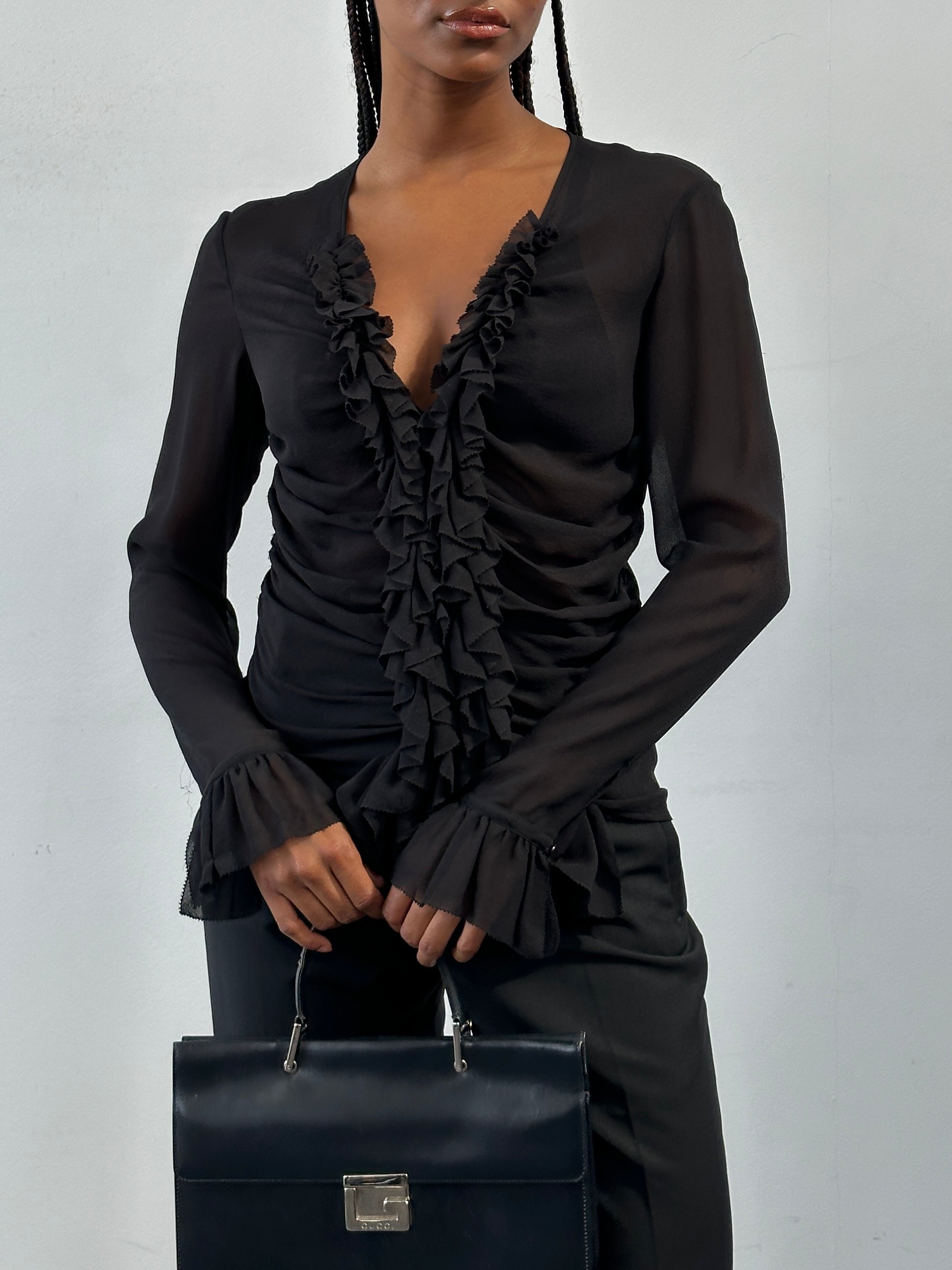 DKNY 2000s pure silk ruched shirt in size M, featuring a stylish gathered design and classic collar, displayed flat.