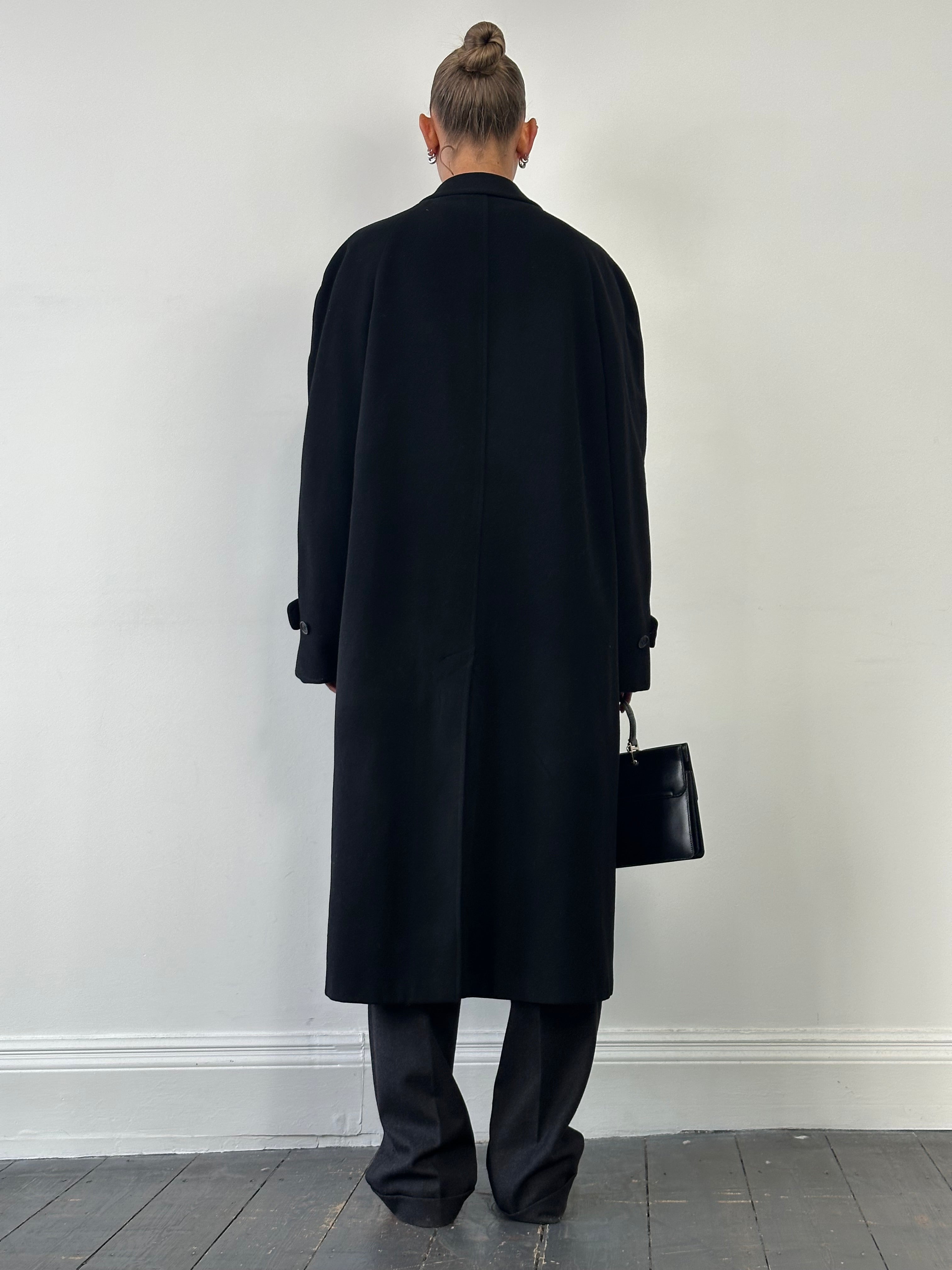 Giorgio Armani Le Collezioni pure wool floor-length coat in XL, showcasing a tailored design with a classic collar and long sleeves.