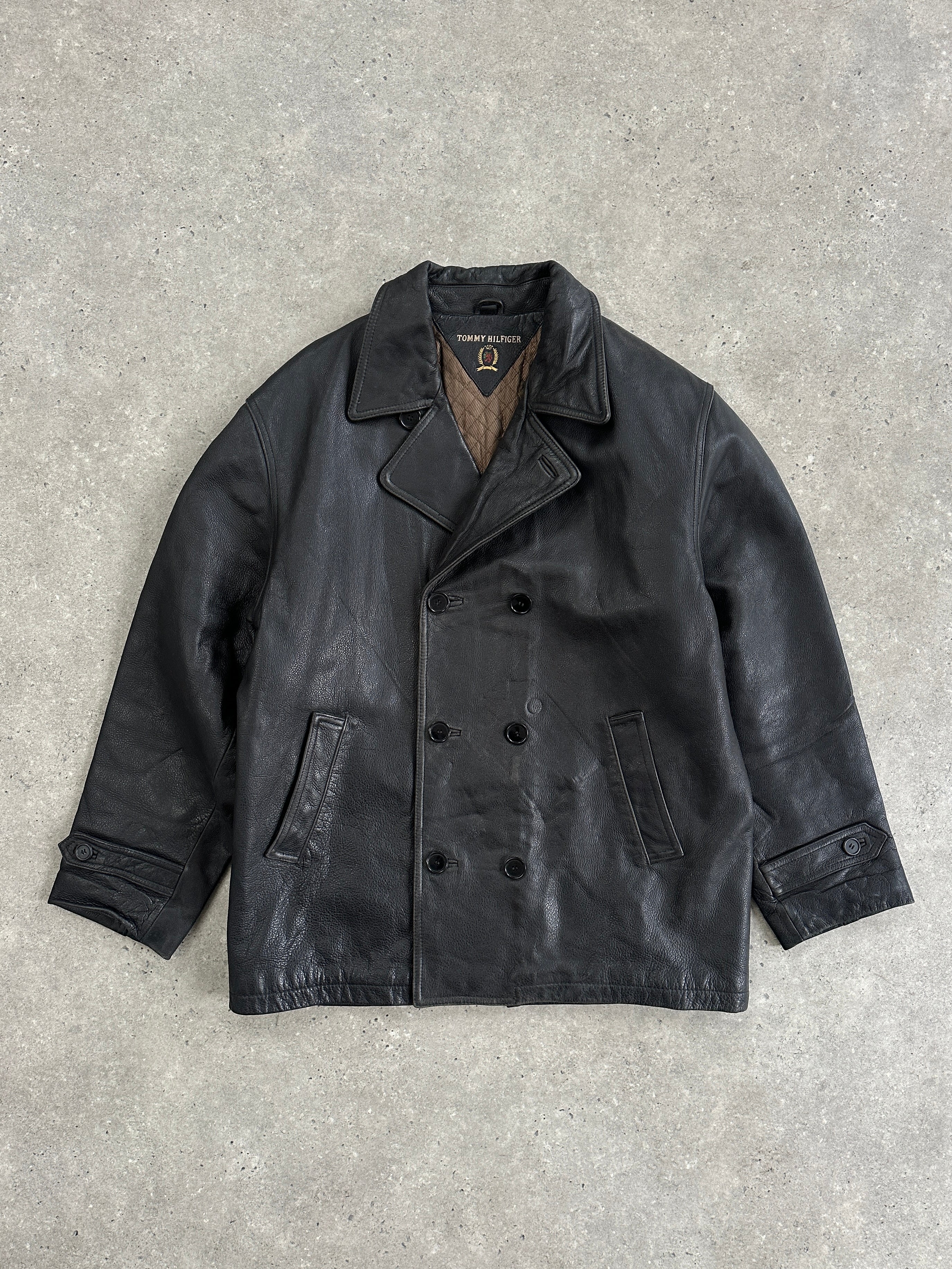 Tommy Hilfiger double breasted leather jacket in size XL, black with silver buttons, stylish and classic design.