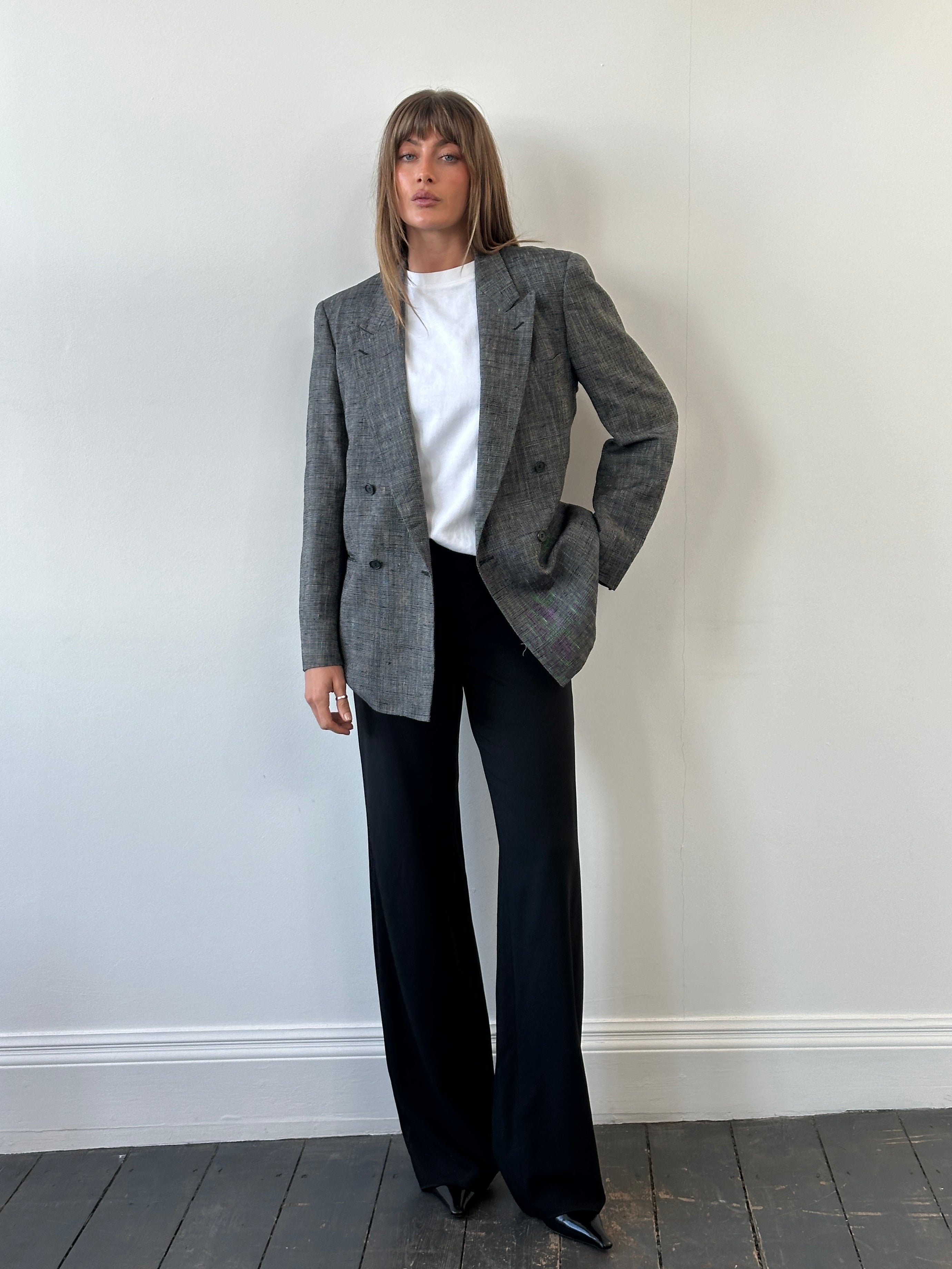 Yves Saint Laurent mens blazer, 1980s double-breasted style in navy with peak lapels, size 38R/M, tailored vintage design