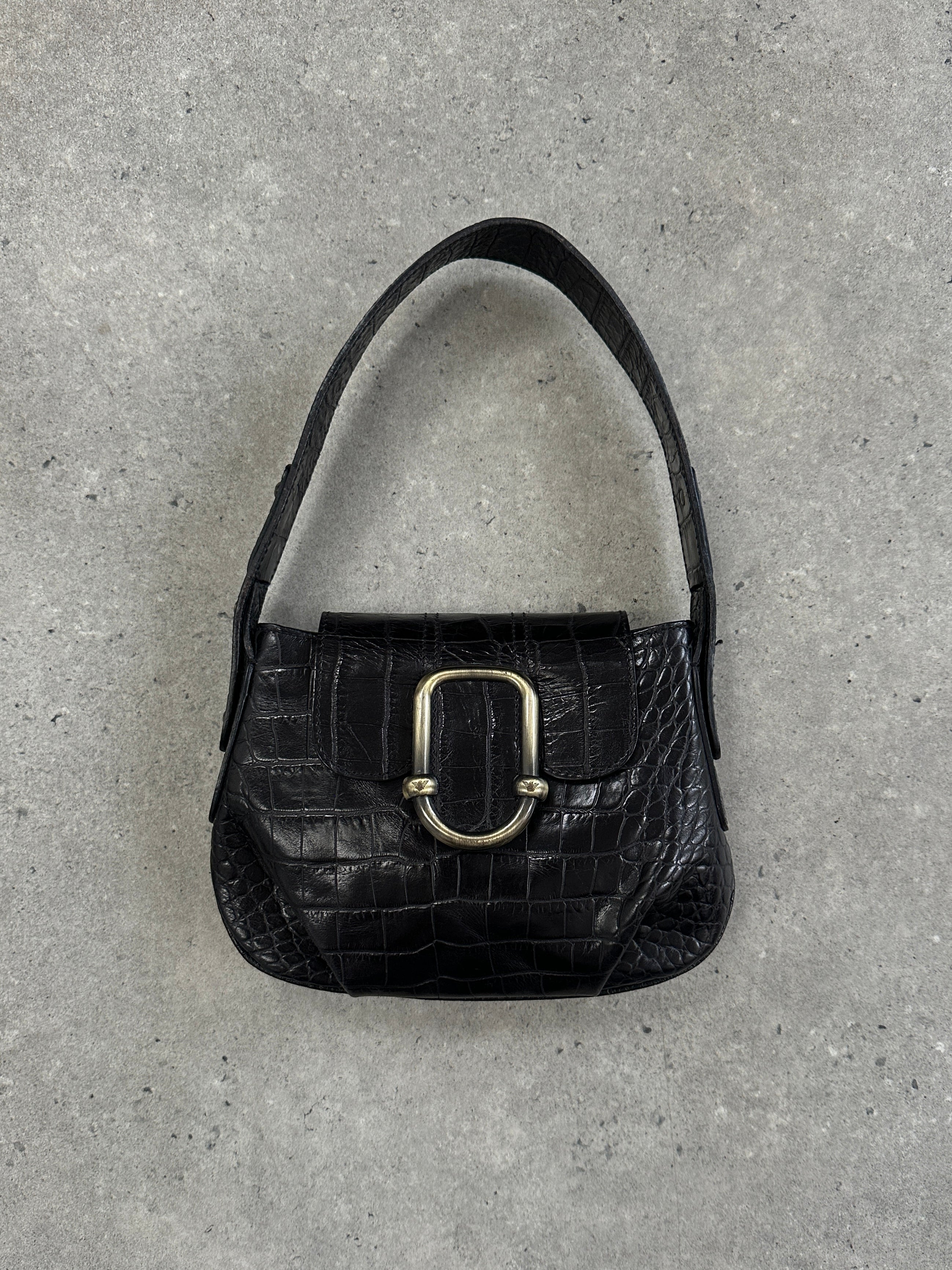 Emporio Armani 1990s croc leather shoulder bag with hardware details, showcasing textured crocodile pattern and elegant design.