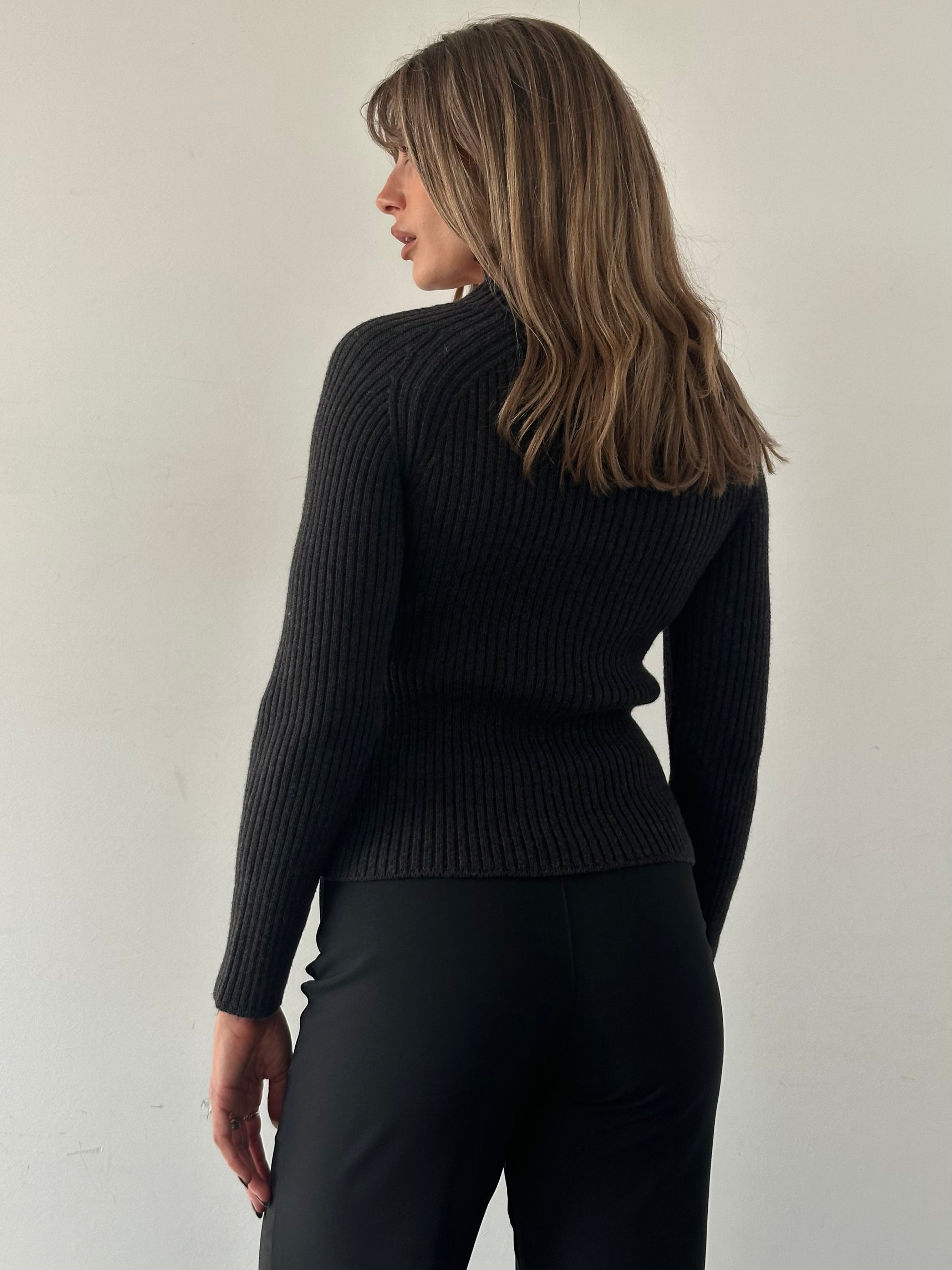 Max Mara pure wool asymmetric high neck knit jumper in soft beige featuring a stylish high neckline and cozy fit.