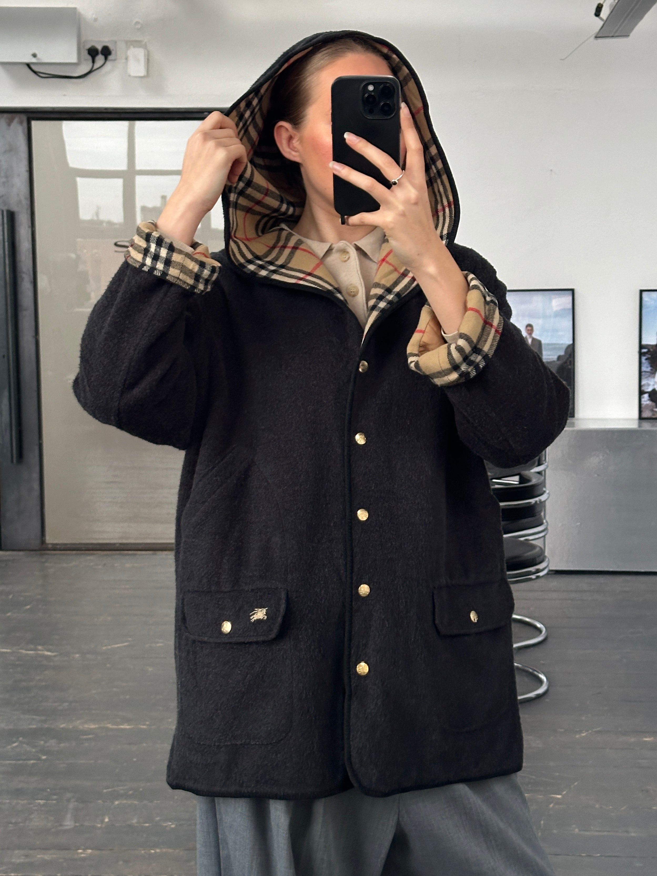 Burberry 1990s wool bespoke button hooded coat in XL, featuring classic design and tailored details.