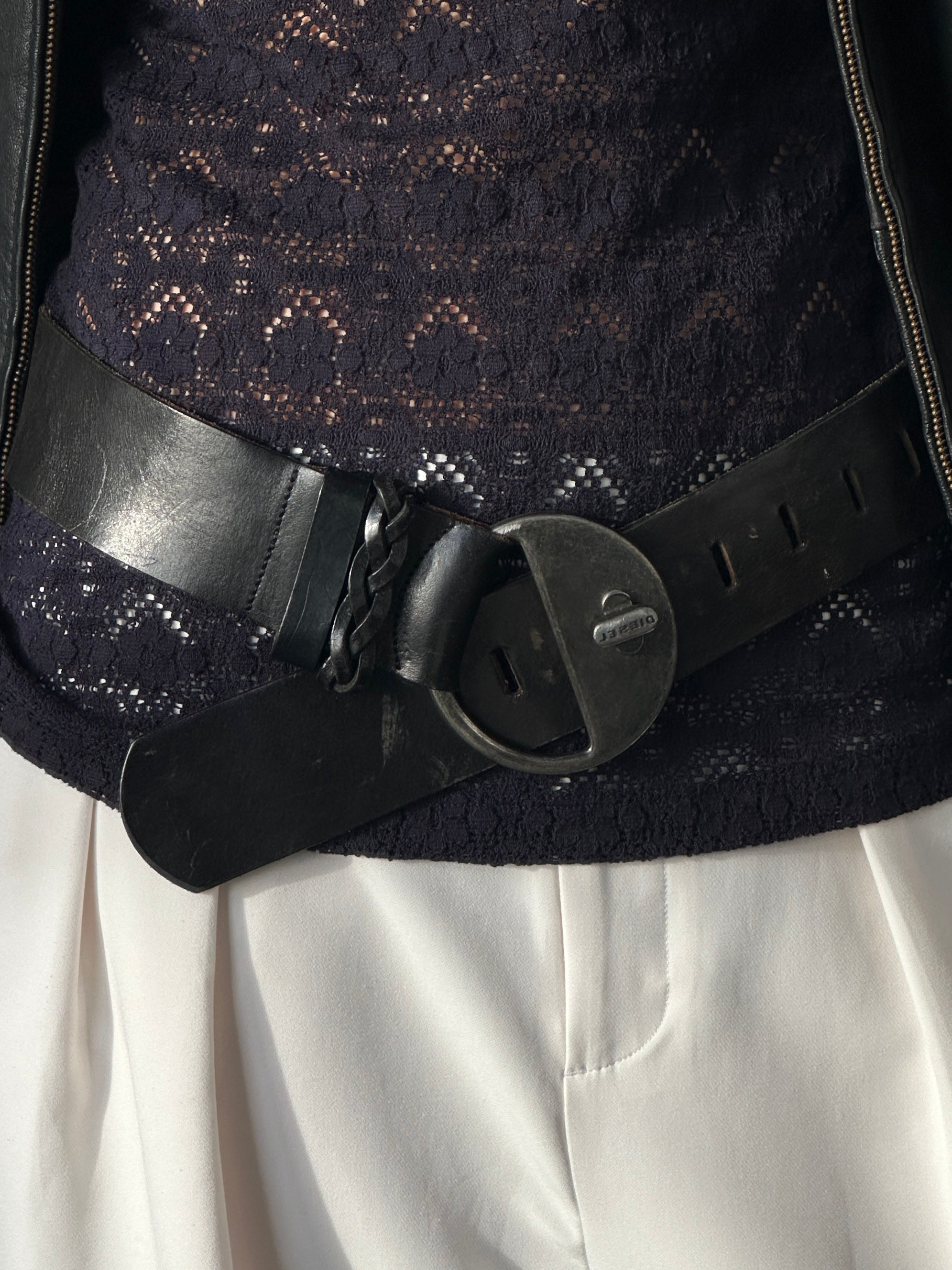 Diesel 1990s chunky logo leather belt in black with bold Diesel branding and silver buckle, W32-38, displayed on a plain background.