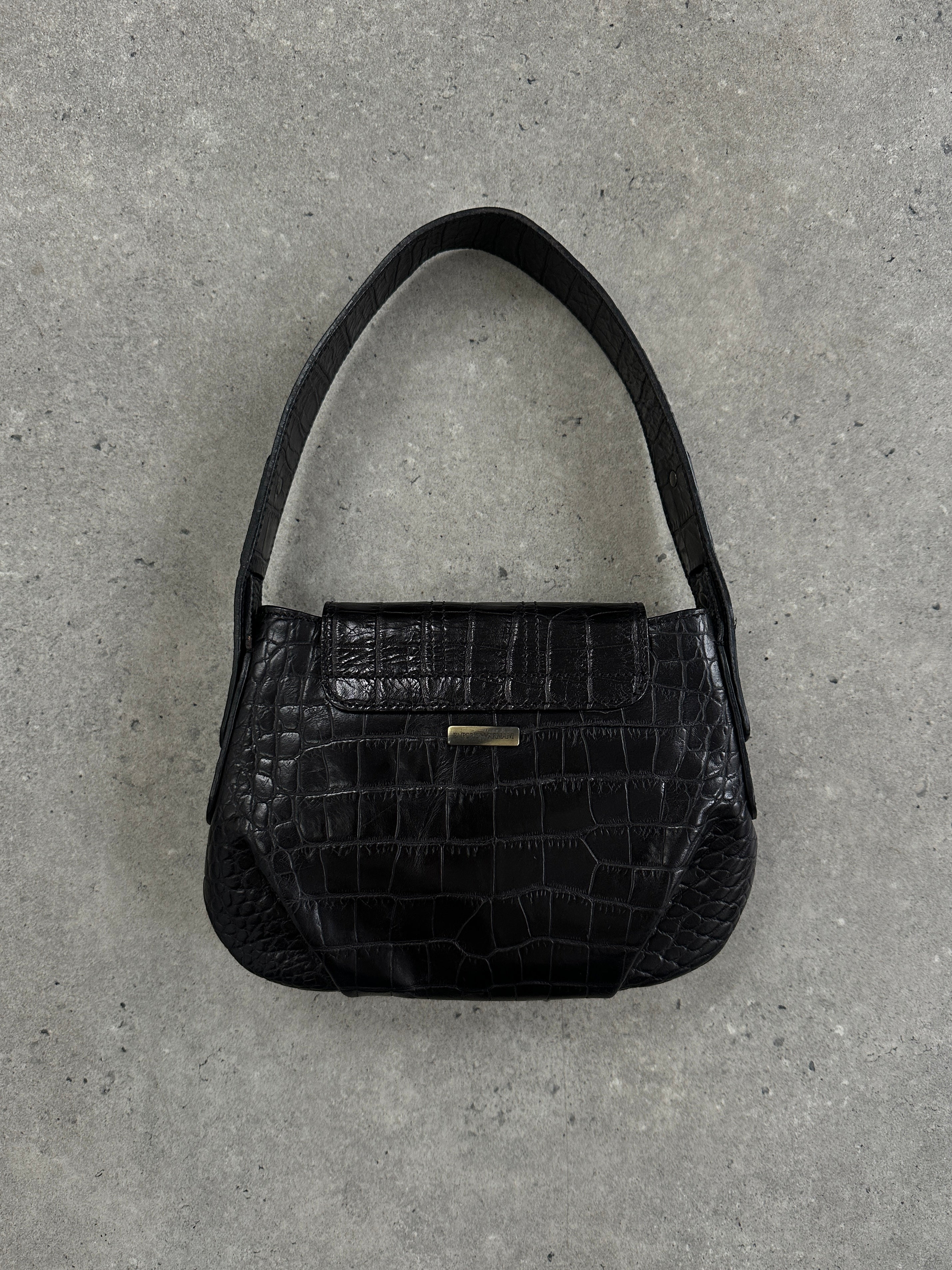 Emporio Armani 1990s crocodile leather shoulder bag with hardware detail, stylish and luxurious accessory.