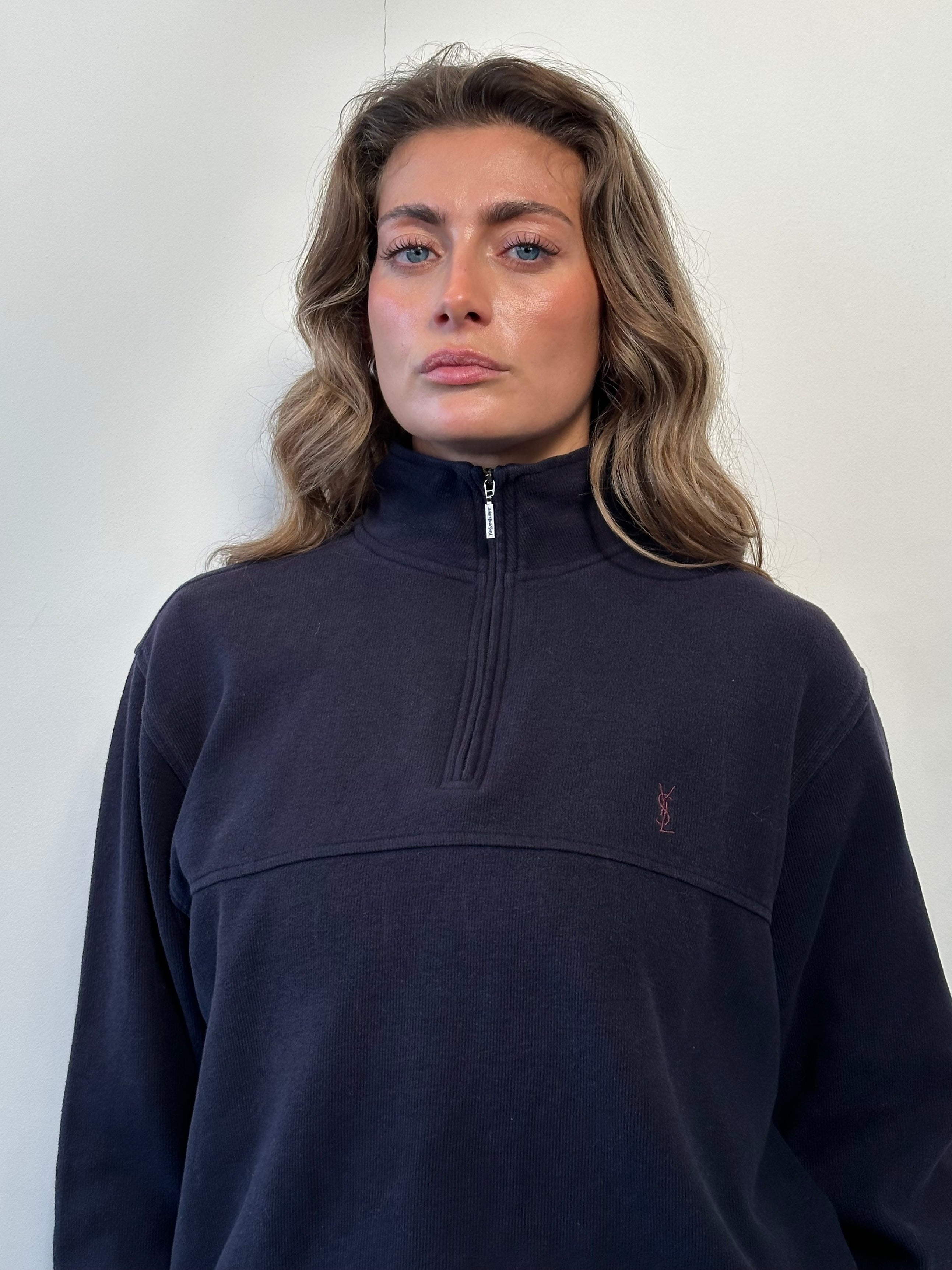 Yves Saint Laurent Cotton Logo Quarter Zip Sweatshirt - M/L - SYLK