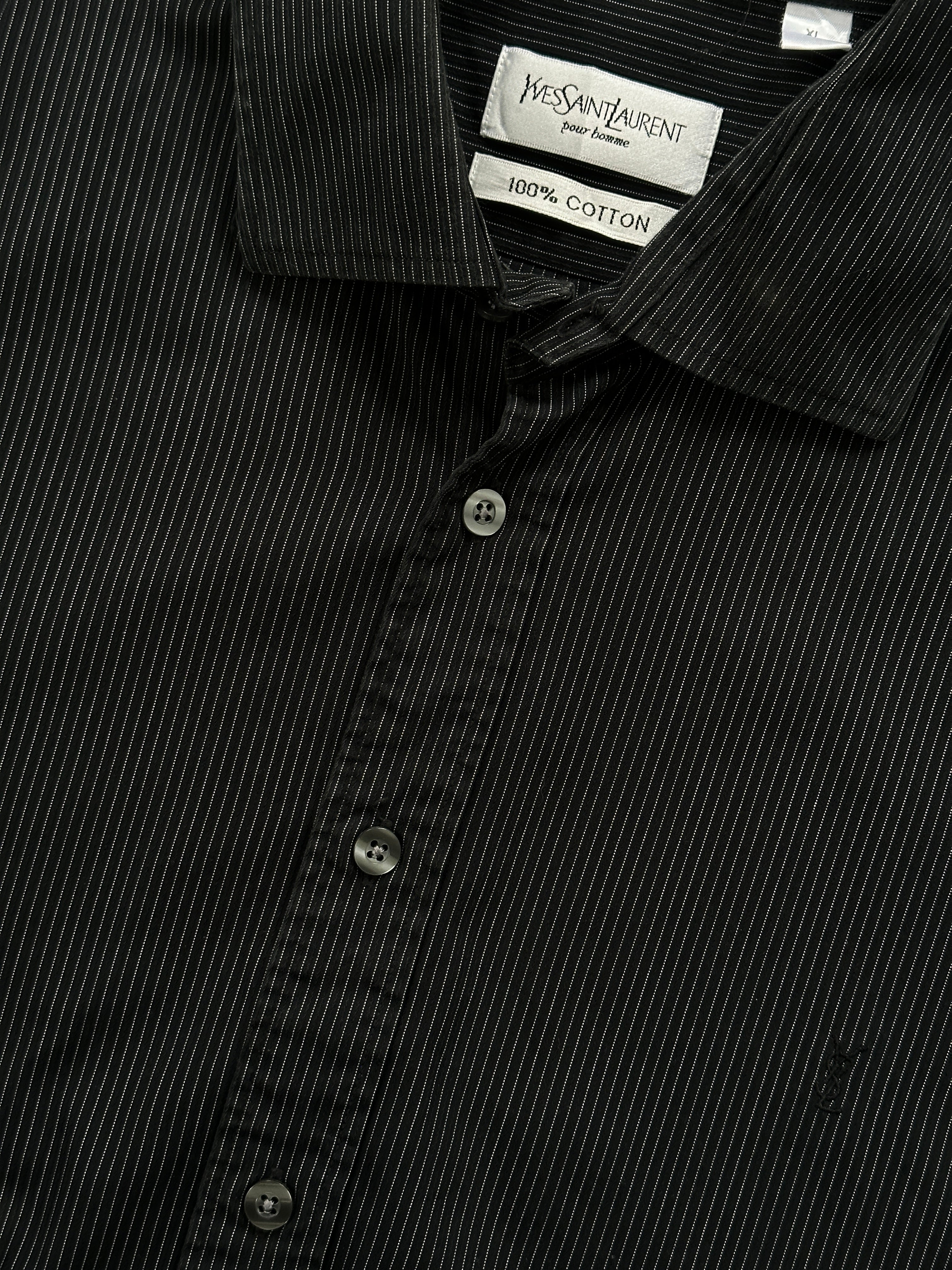 Yves Saint Laurent Pour Homme pure cotton stripe shirt in XL, featuring a classic button-down design with blue and white vertical stripes.