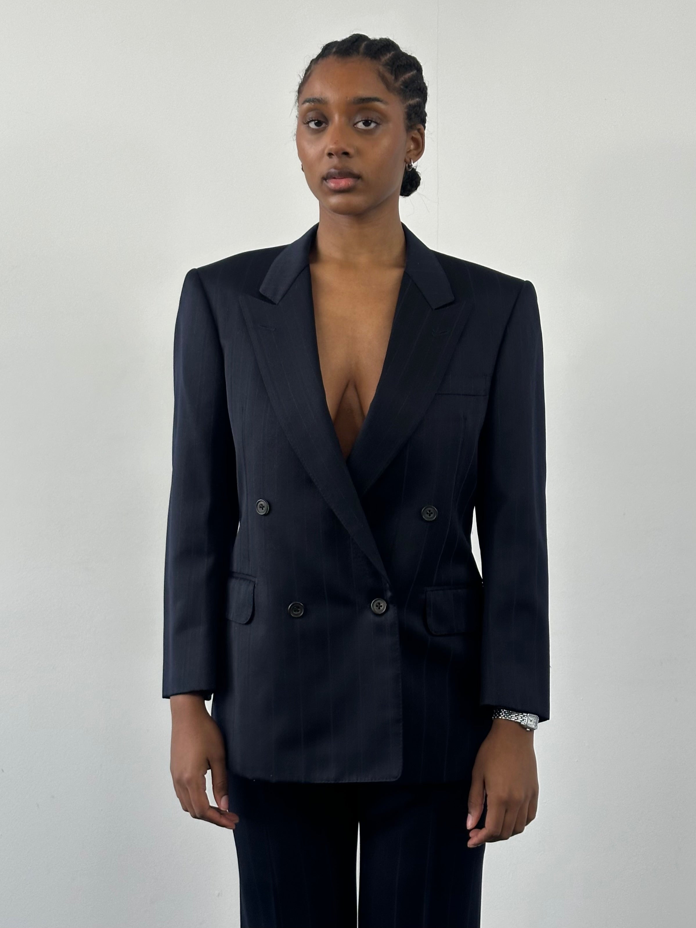 Burberry 1990s pure wool stripe double-breasted suit in size 36S/W28, featuring classic tailored design and bold striped pattern.