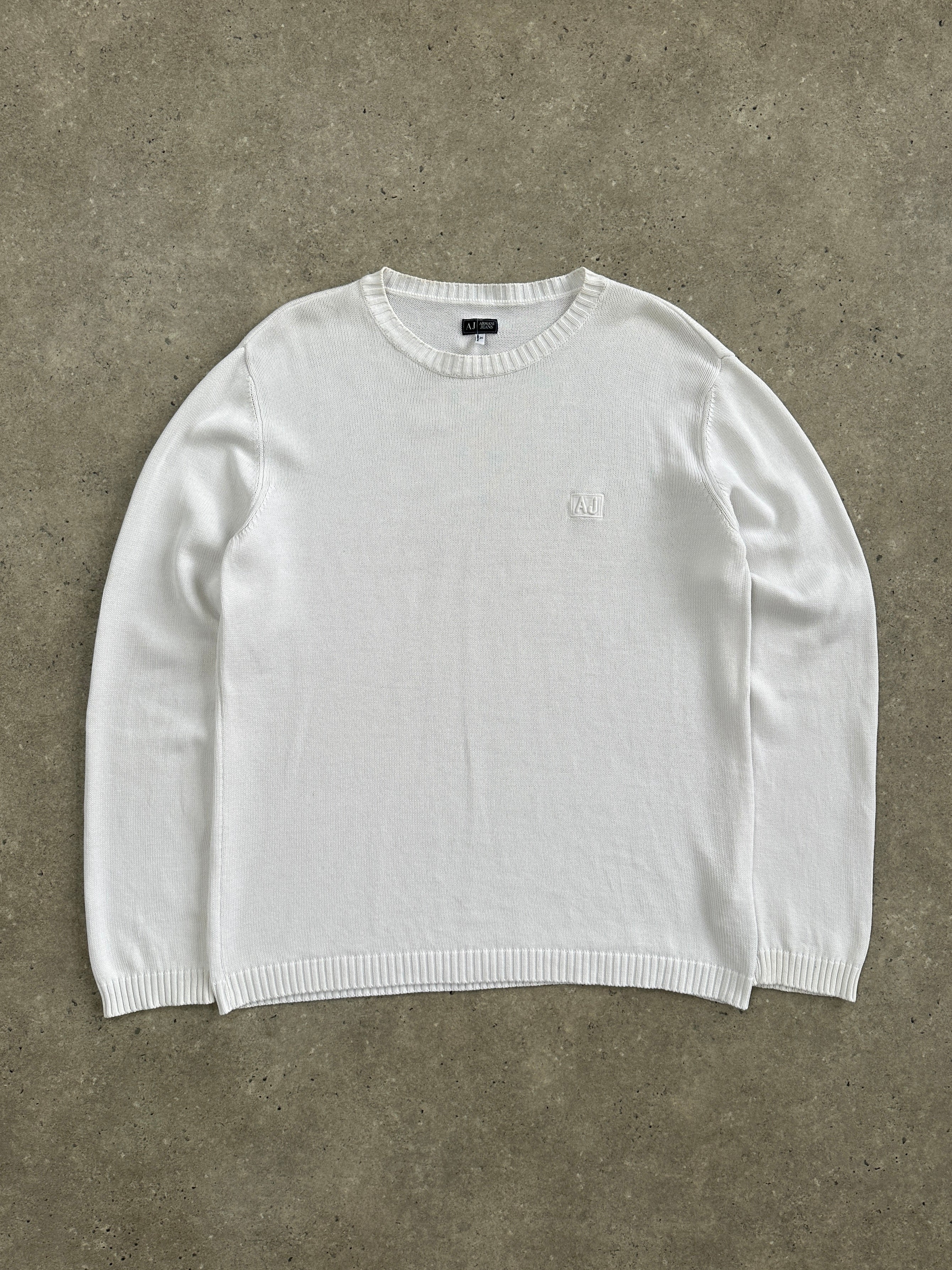 Armani Jeans XL knitted jumper in pure cotton with logo design, featuring a classic crew neck and ribbed cuffs.