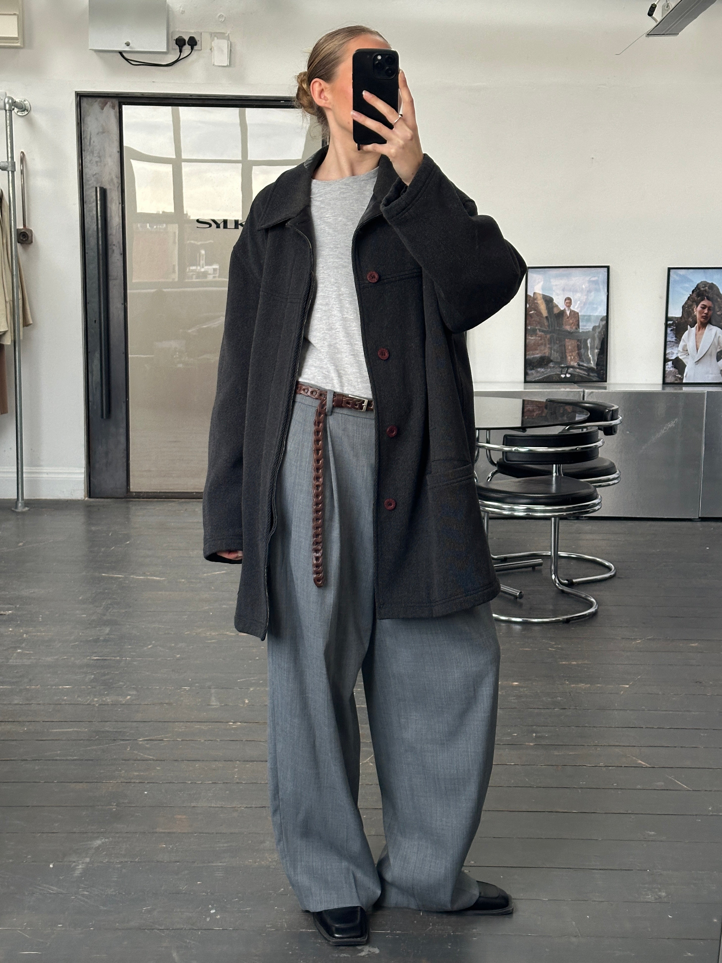 Versace Sport 1990s wool twill coat with concealed placket, XXL/XXXL size, stylish men's coat in dark fabric.