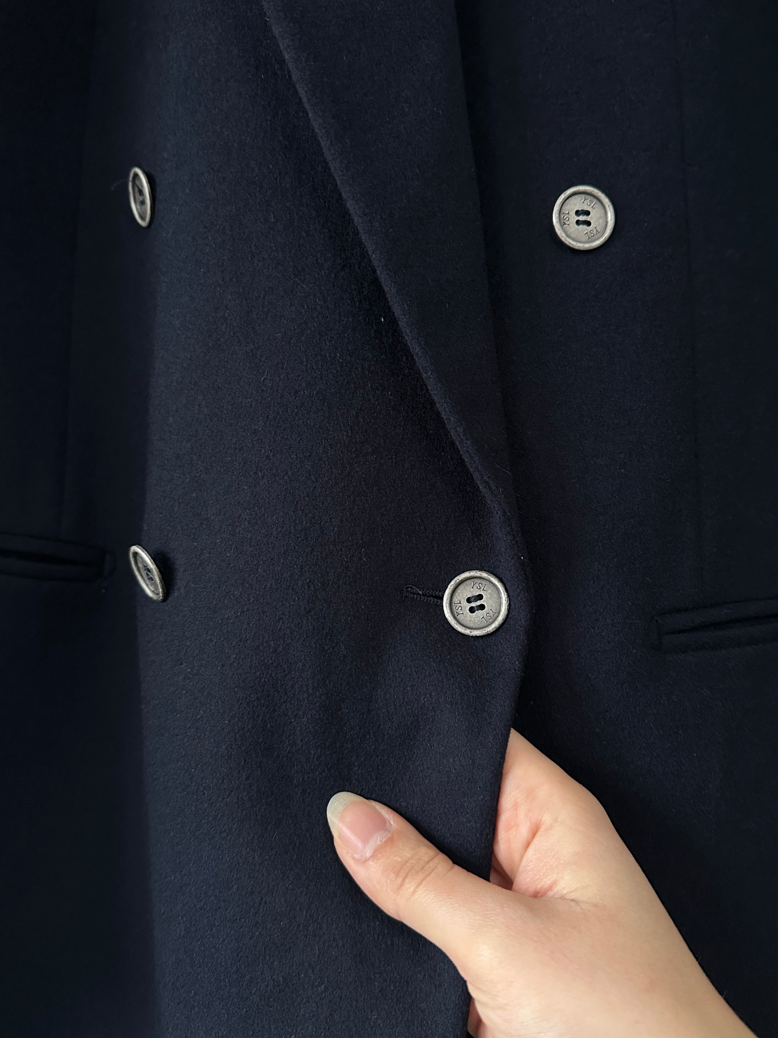 Yves Saint Laurent 80s brushed wool cashmere blazer in size 40R/L, tailored fit with logo detail and classic lapel collar.