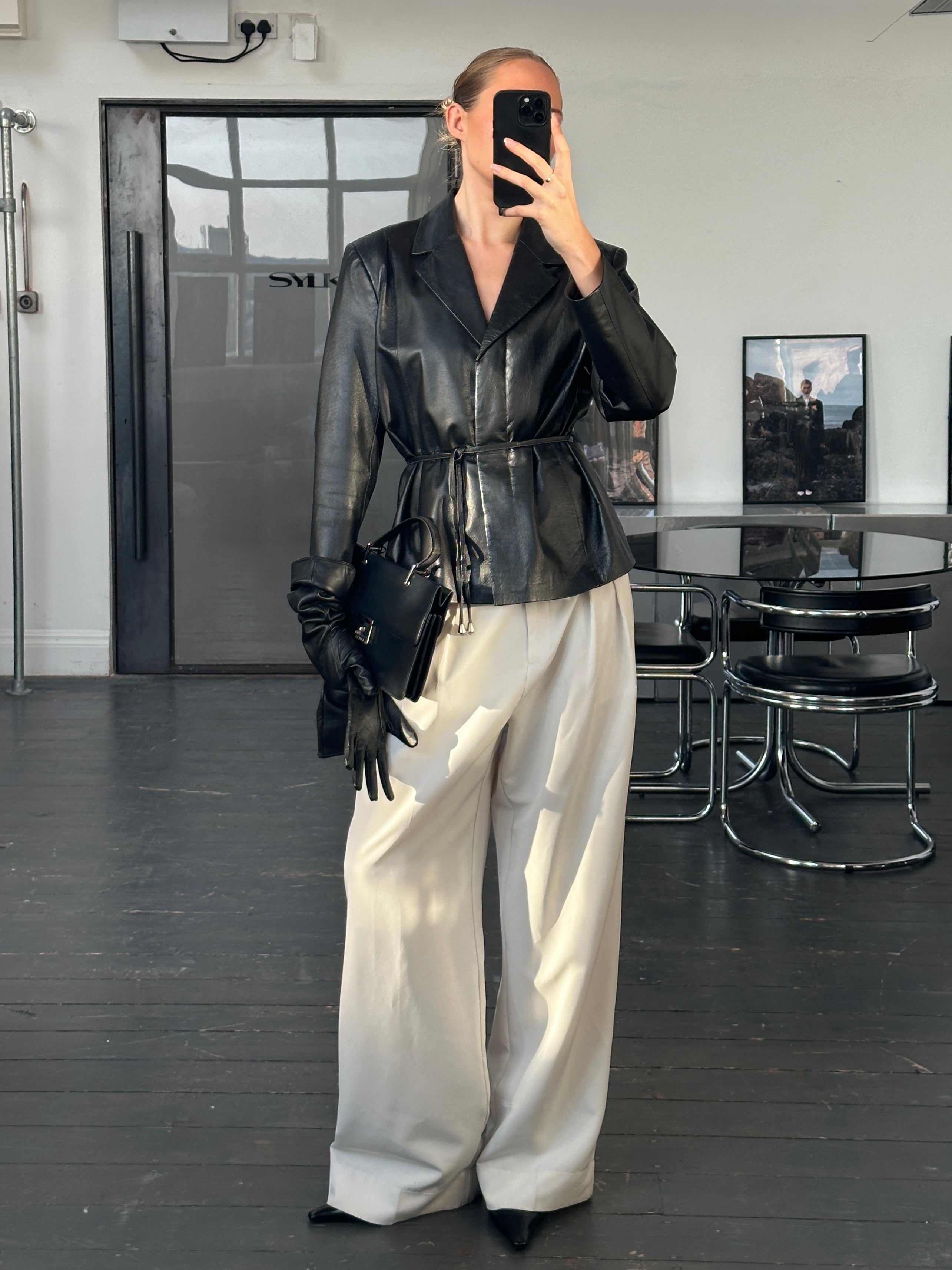 Vintage 2000s leather jacket with rope tie belt, stylish and classic design, in size M, featuring authentic vintage craftsmanship.