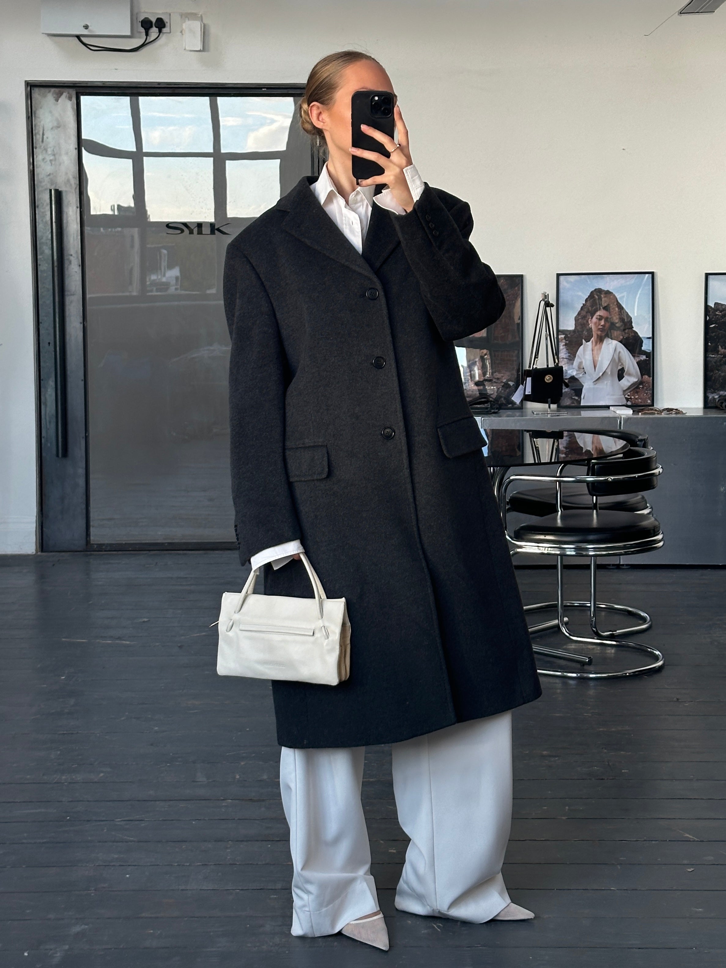 Italian Vintage 1990s wool cashmere coat in XL, showcasing classic design and textured fabric, perfect for stylish cold weather wear.