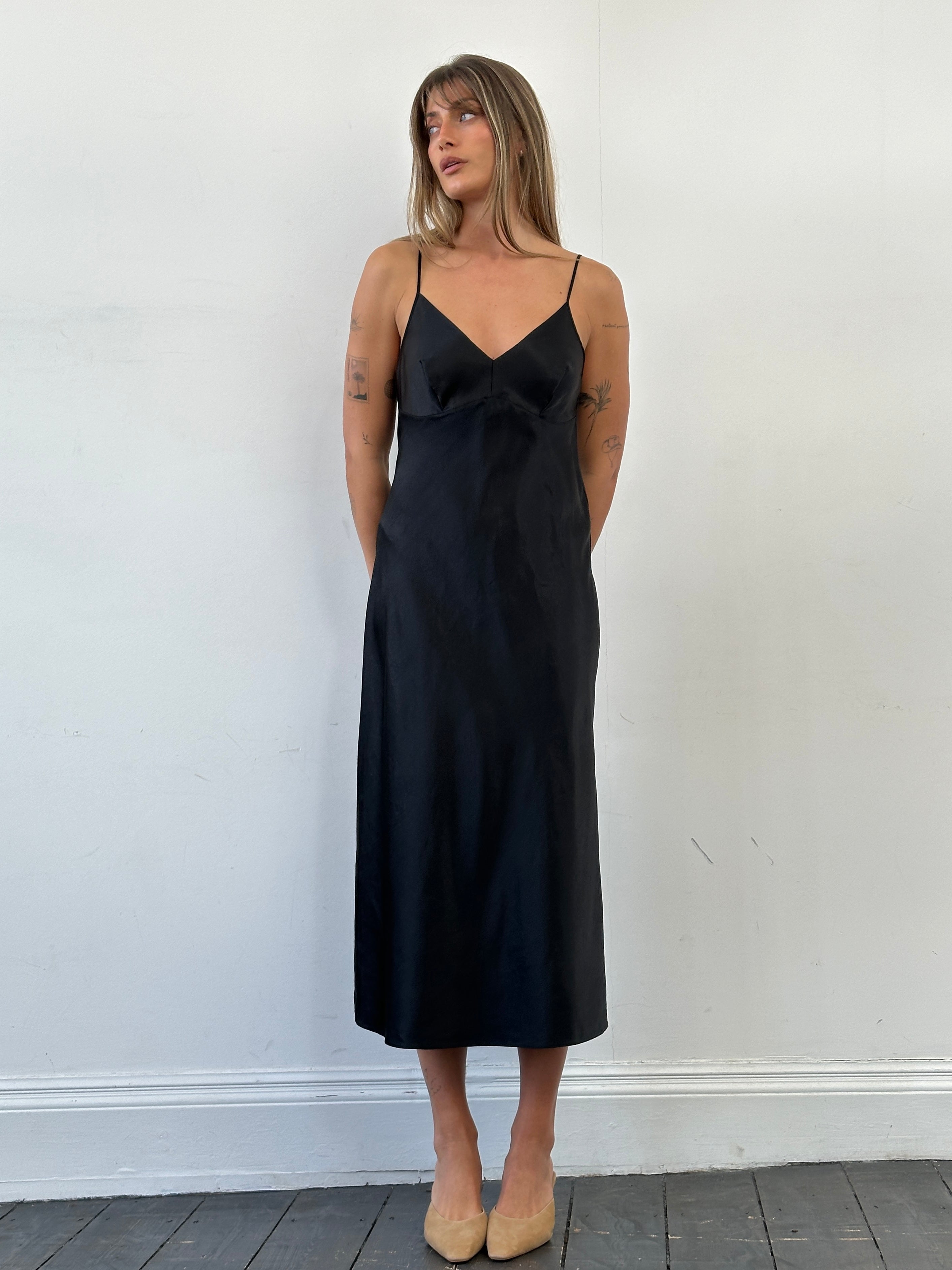 St Michael satin side split slip dress in size M, featuring smooth fabric and elegant design, perfect for stylish occasions.